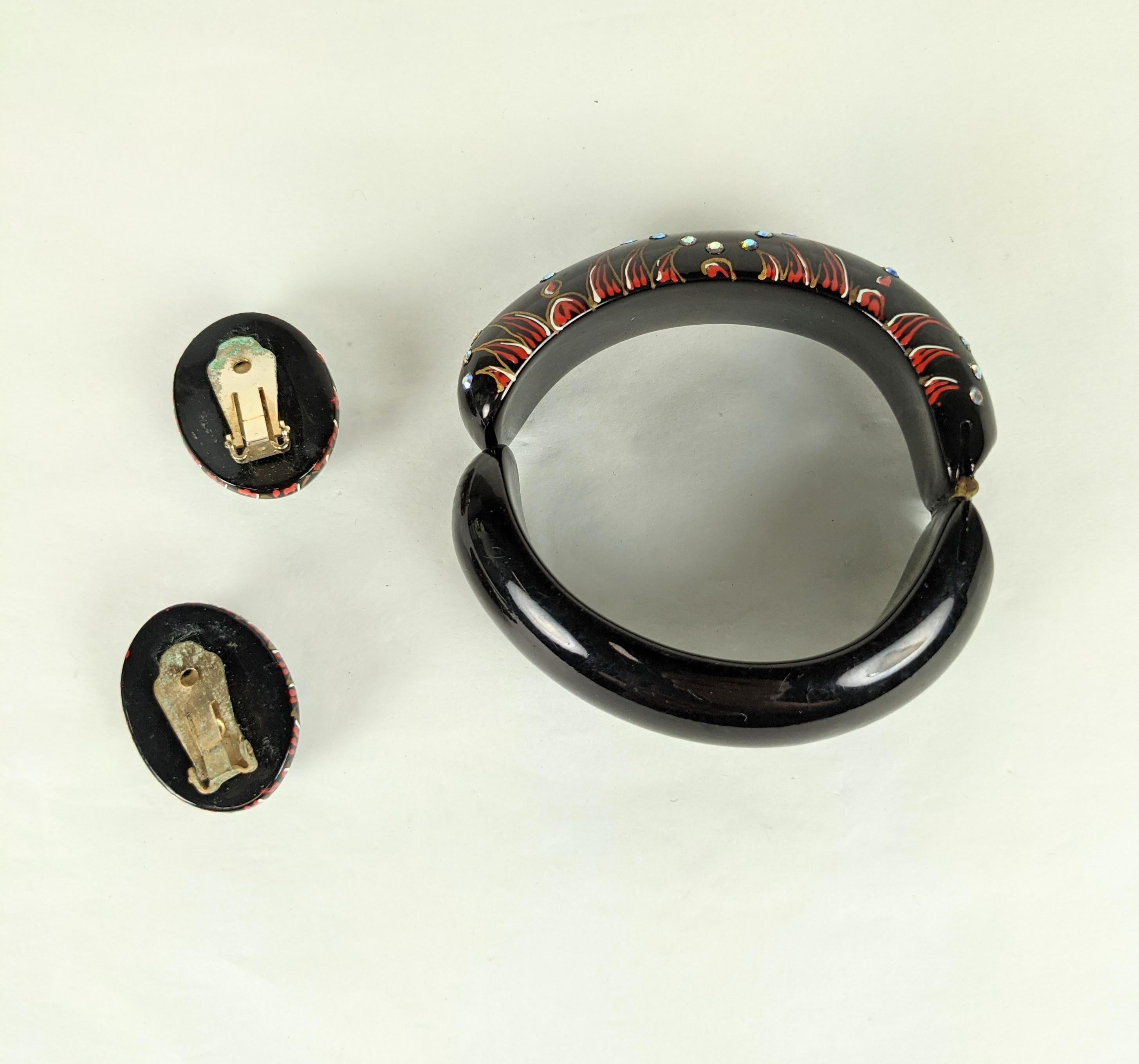 Women's or Men's Bakelite Clamper Set with Enamel and Aurora Crystals For Sale