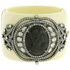 Bakelite Cuff With Painted Cameo & Rosecut & Pave Diamonds In 18k Gold & Silver