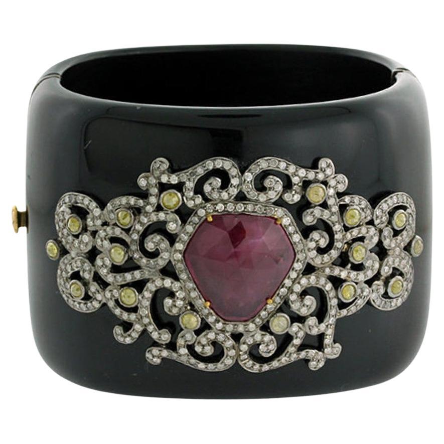 Bakelite Cuff with Pink Sapphire & Pave Diamonds Motif Made in 18k Gold & Silver For Sale