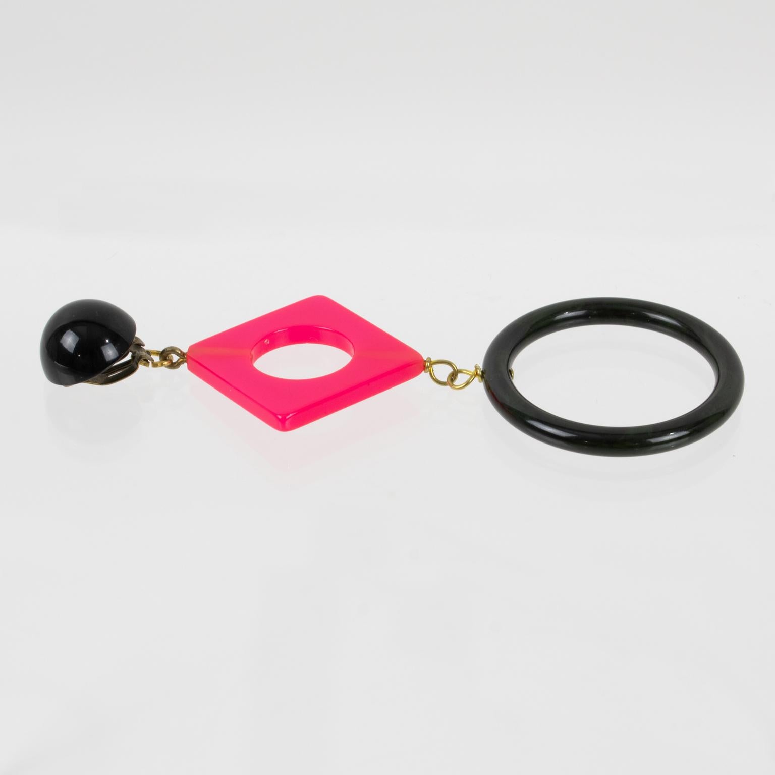 Women's or Men's Bakelite Dangle Clip Earrings Black and Hot Pink Colors Pop Art Style For Sale