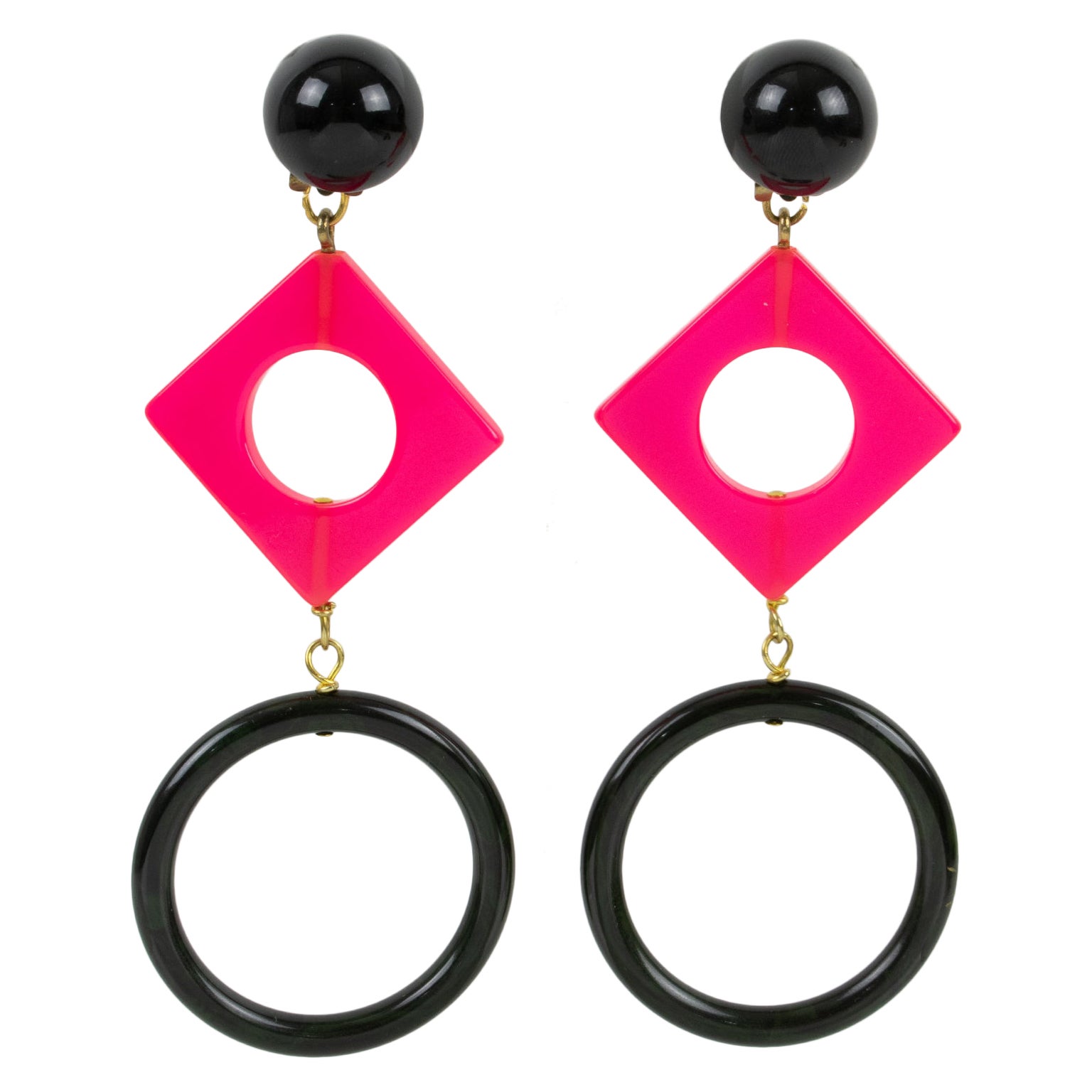 Bakelite Dangle Clip Earrings Black and Hot Pink Colors Pop Art Style For Sale