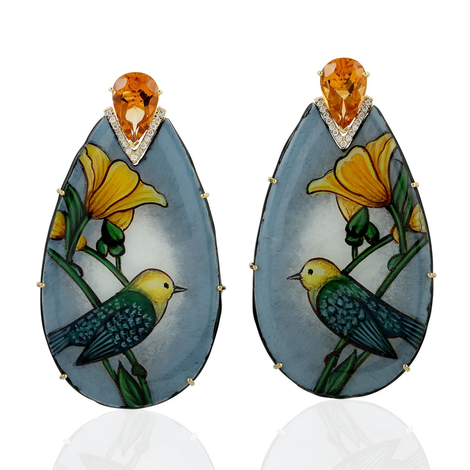 Mixed Cut Bakelite Dangle Earring With Sparrow Art On Enamel With Citrine & Diamonds For Sale