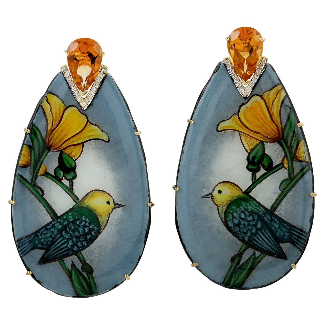 Bakelite Dangle Earring With Sparrow Art On Enamel With Citrine & Diamonds For Sale