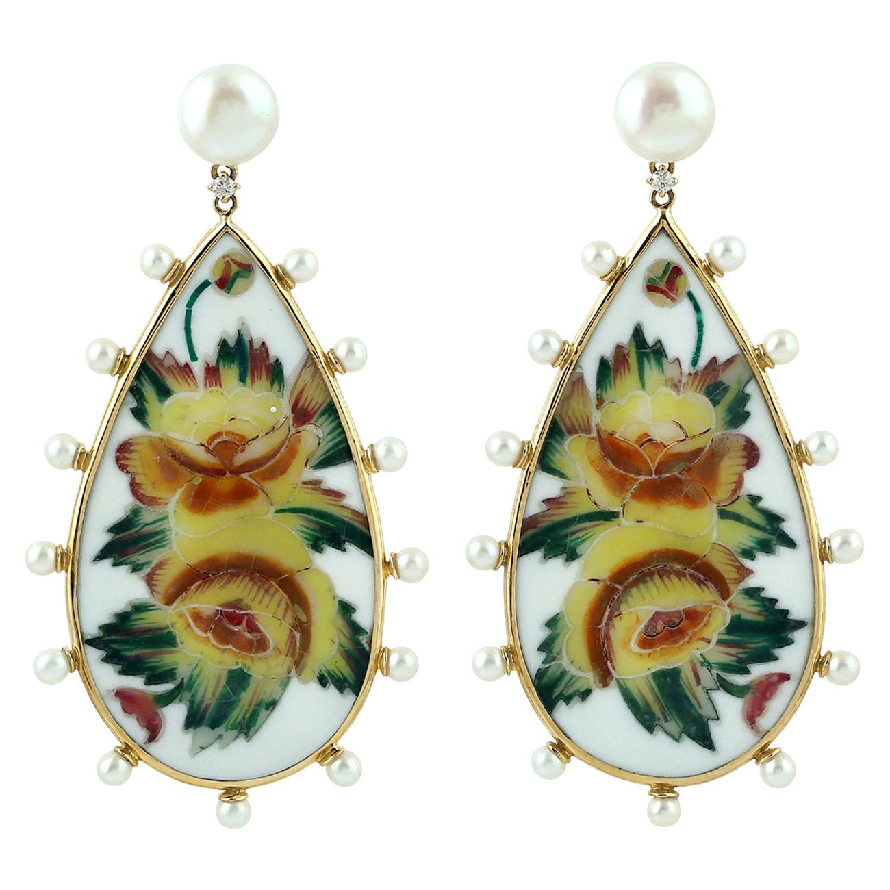 Bakelite Earring with Mosaic Flower with Diamonds and Pearls at 1stDibs