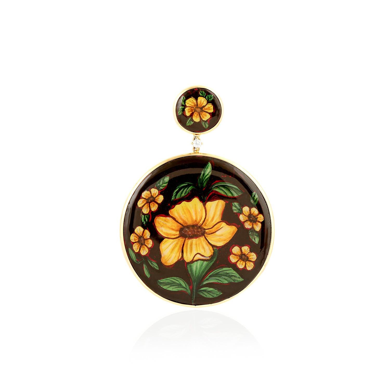 Round Cut Bakelite Flower Dangle Earrings With Diamonds 56.30 Carats Enamel 18K Gold For Sale
