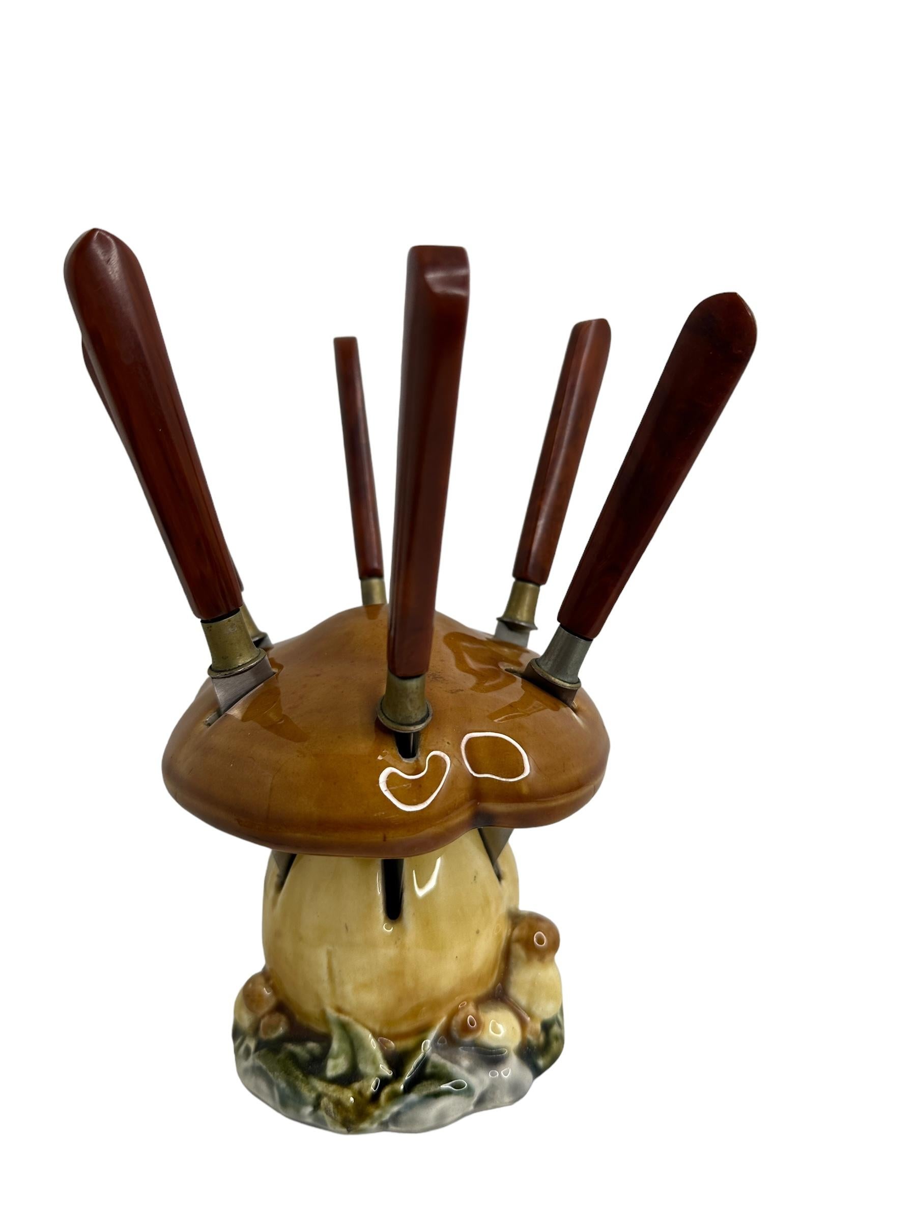 Art Deco Bakelite Fruit Knife Set with Ceramic Mushroom Stand, Vintage German 1930s For Sale
