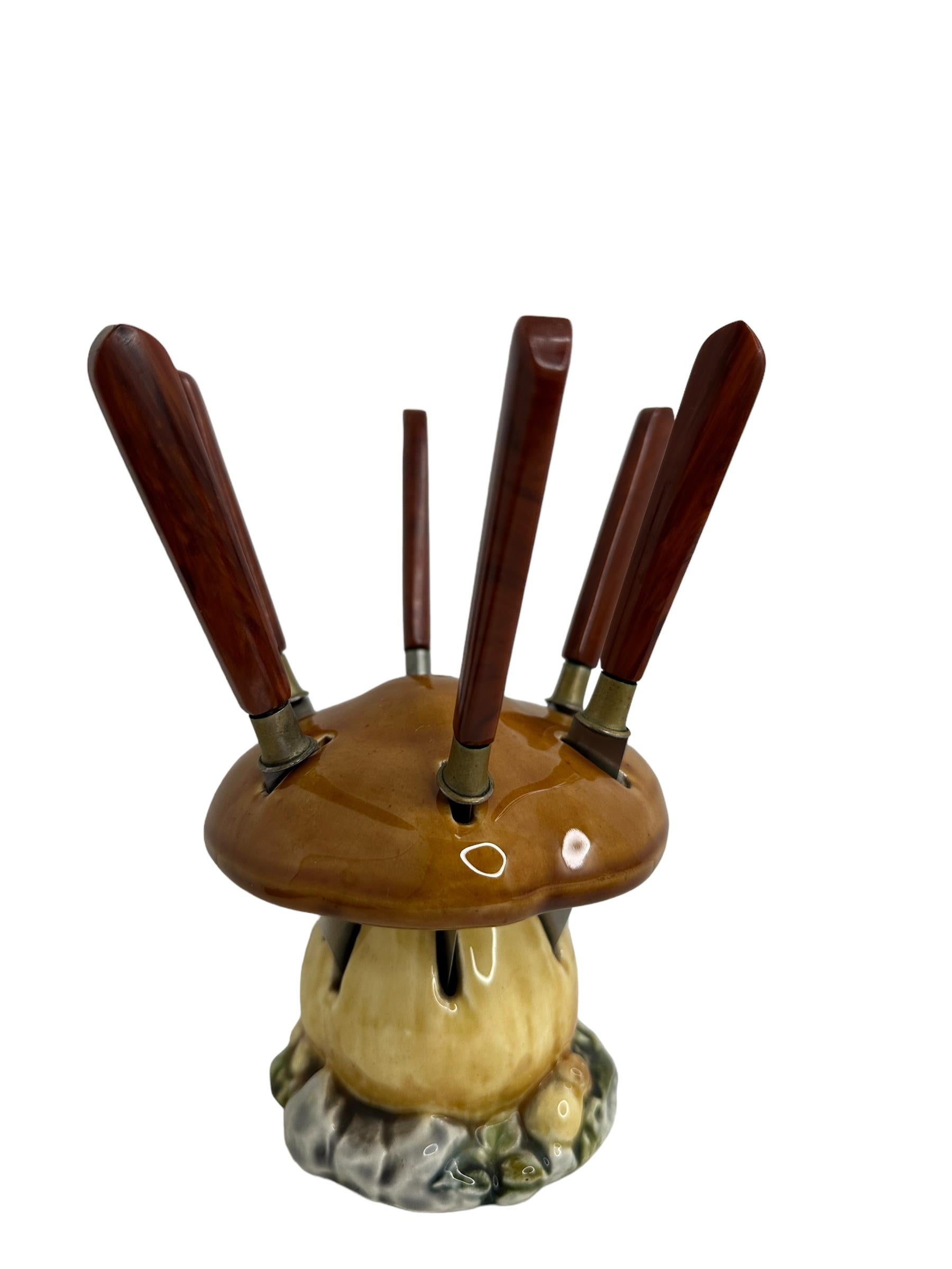 Mid-20th Century Bakelite Fruit Knife Set with Ceramic Mushroom Stand, Vintage German 1930s For Sale
