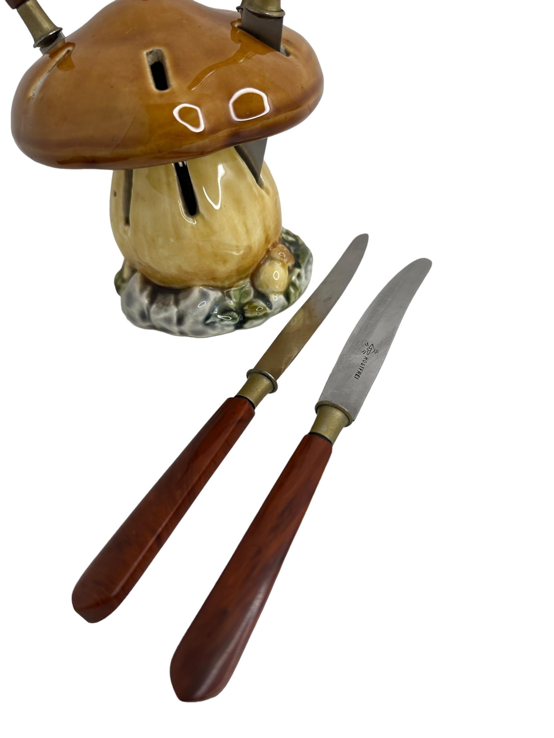 Stainless Steel Bakelite Fruit Knife Set with Ceramic Mushroom Stand, Vintage German 1930s For Sale