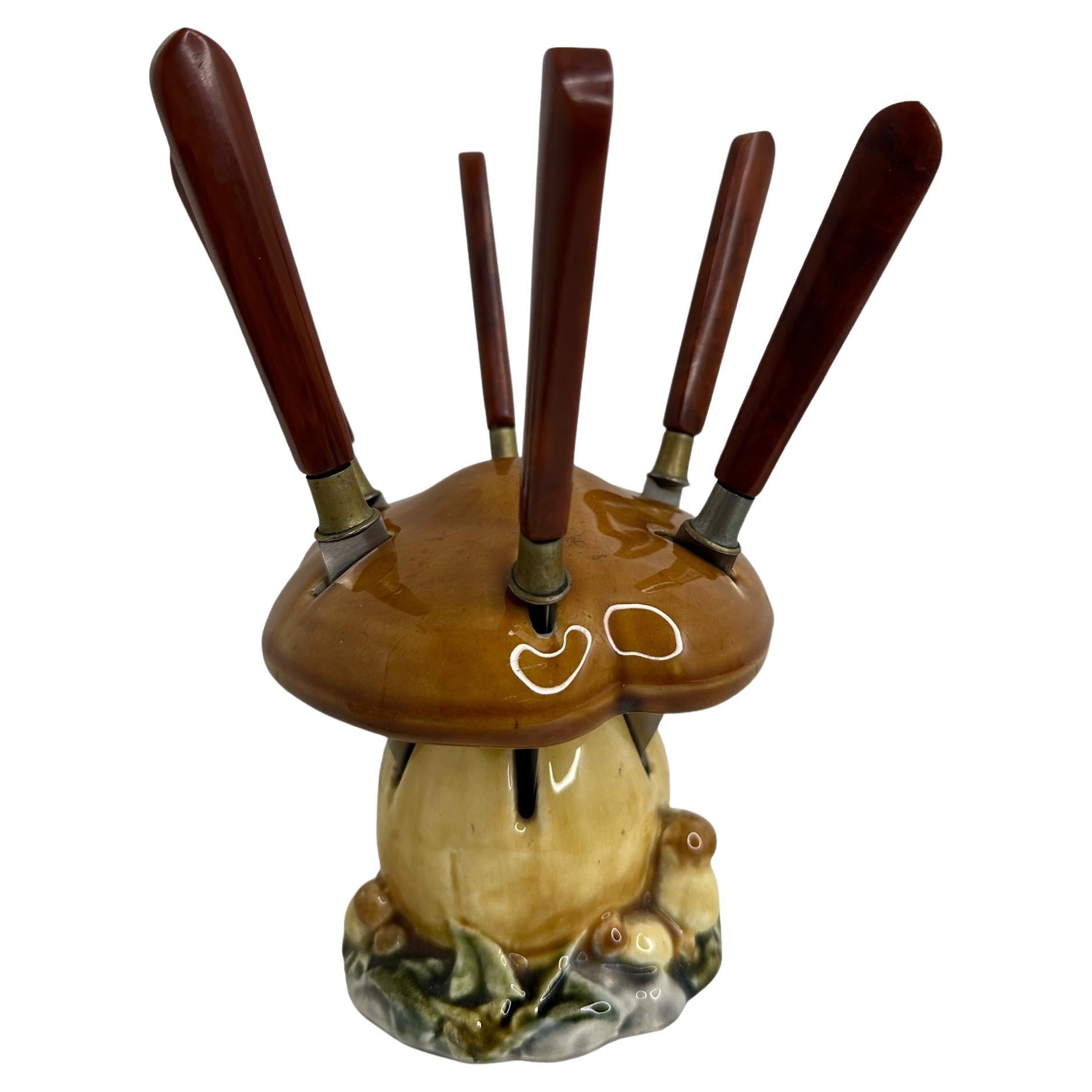 Bakelite Fruit Knife Set with Ceramic Mushroom Stand, Vintage German 1930s For Sale