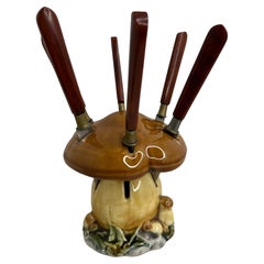 Bakelite Fruit Knife Set with Ceramic Mushroom Stand, Vintage German 1930s