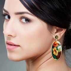 Bakelite Hand Painted 18k Yellow Gold Dangle Earrings With Diamonds