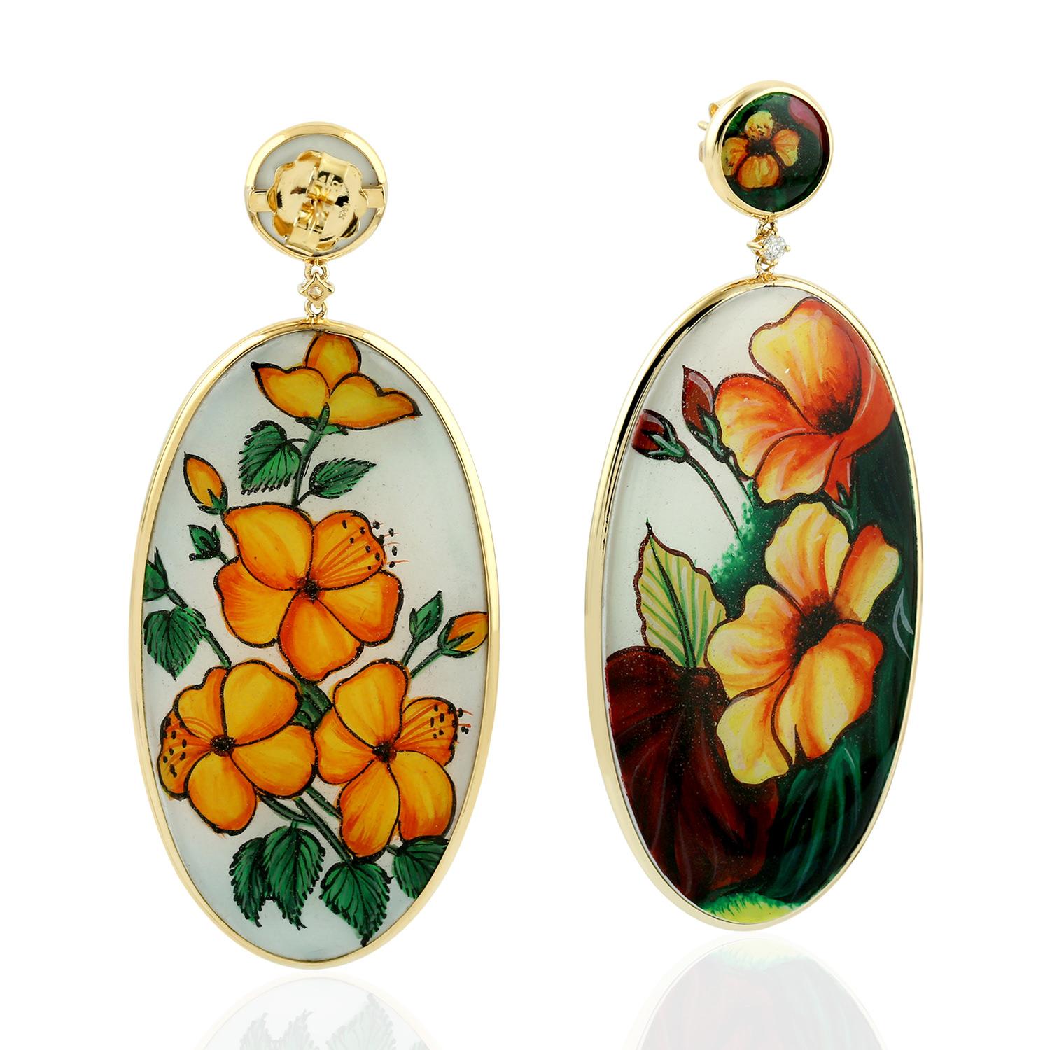 Art déco Boucles d'oreilles pendantes en bakélite peinte à la main et or jaune 18k avec diamants en vente