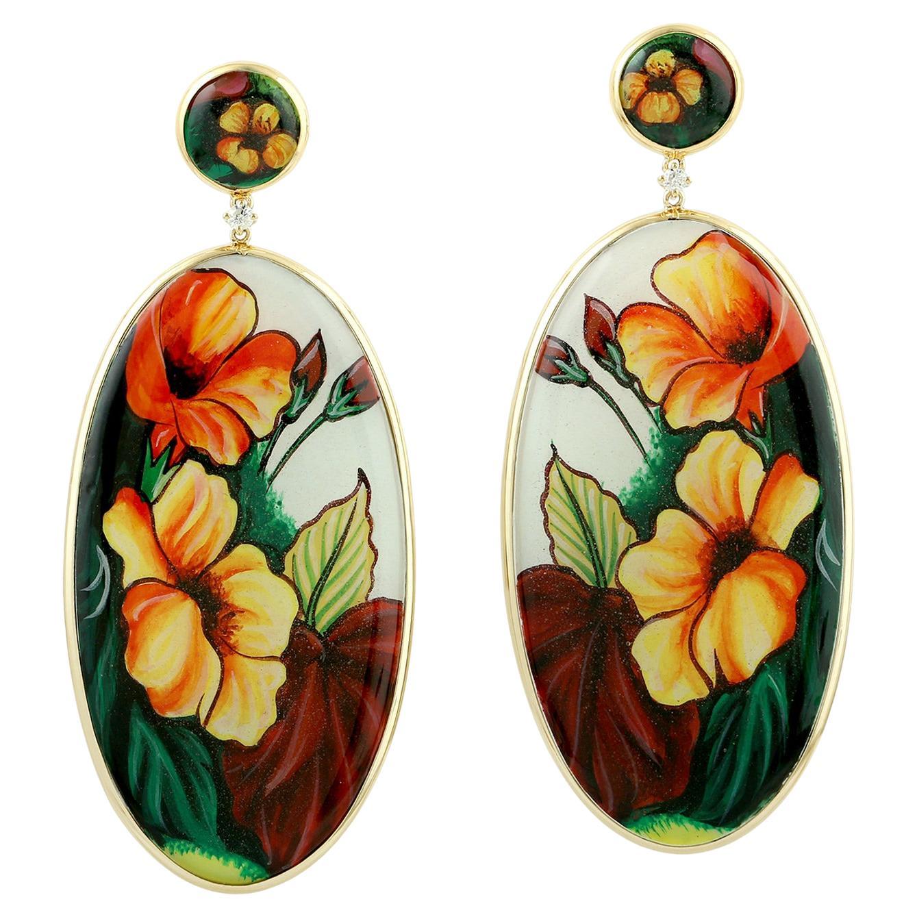 Orecchini pendenti in bachelite dipinti a mano in oro giallo 18k con diamanti