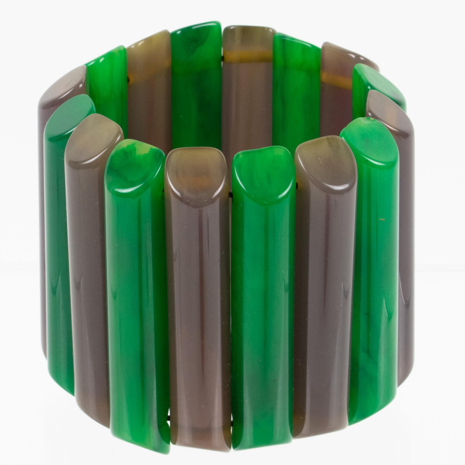Art Deco Bakelite Stretch Bracelet Bangle Emerald and Gray For Sale