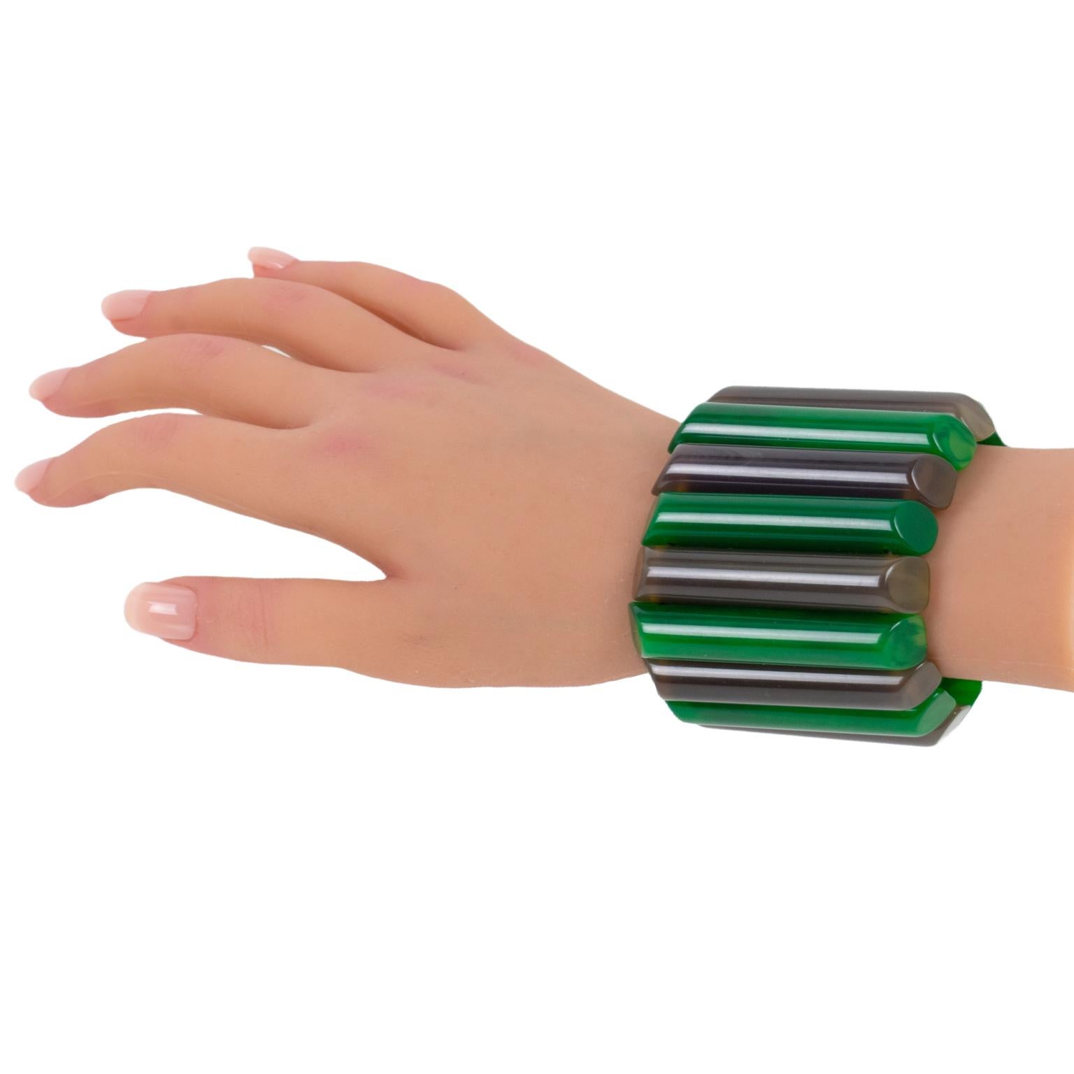 Bakelite Stretch Bracelet Bangle Emerald and Gray For Sale 2