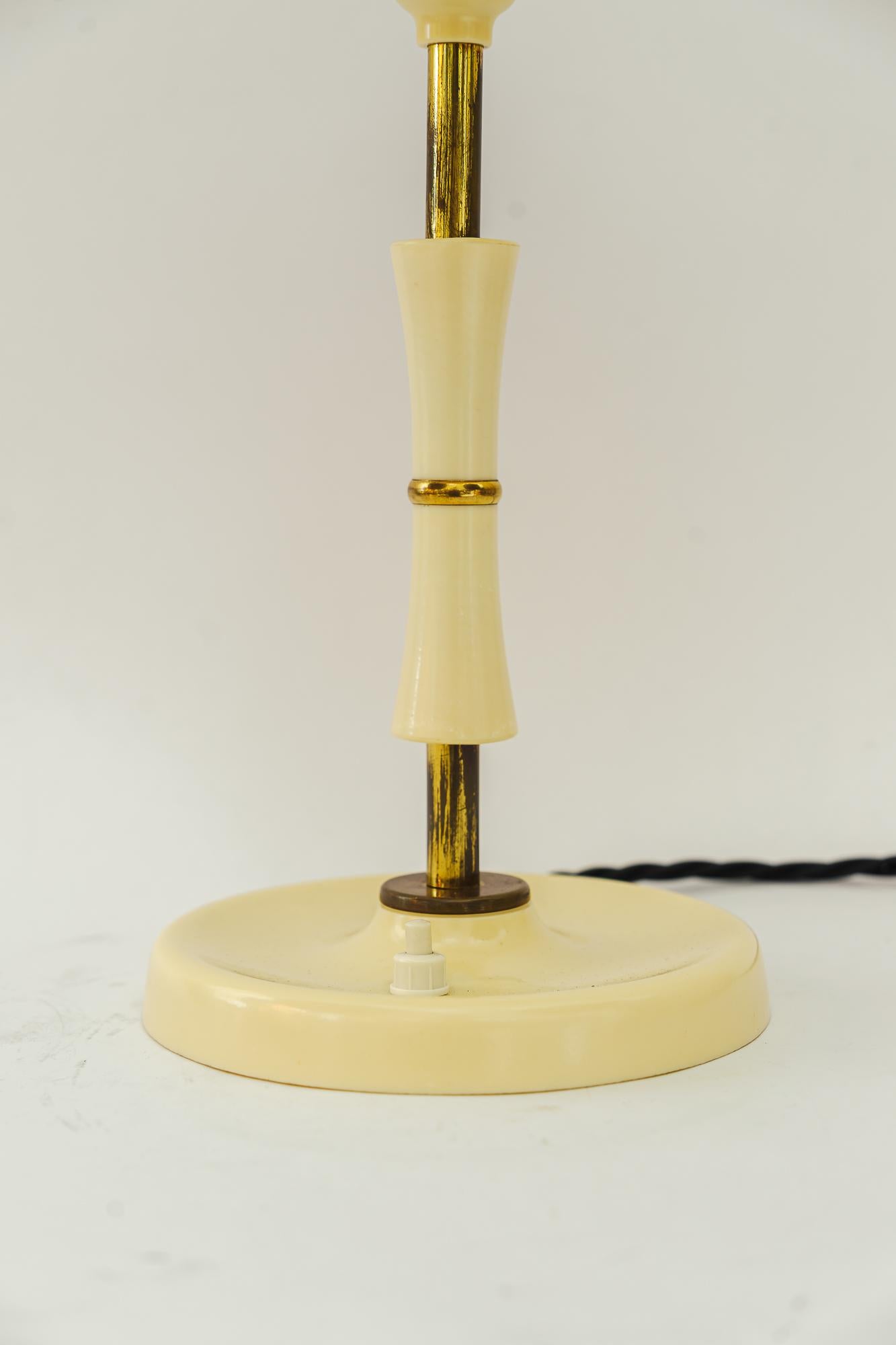 Brass Bakelite Table Lamp Vienna with Fabric Shade Around 1930s For Sale