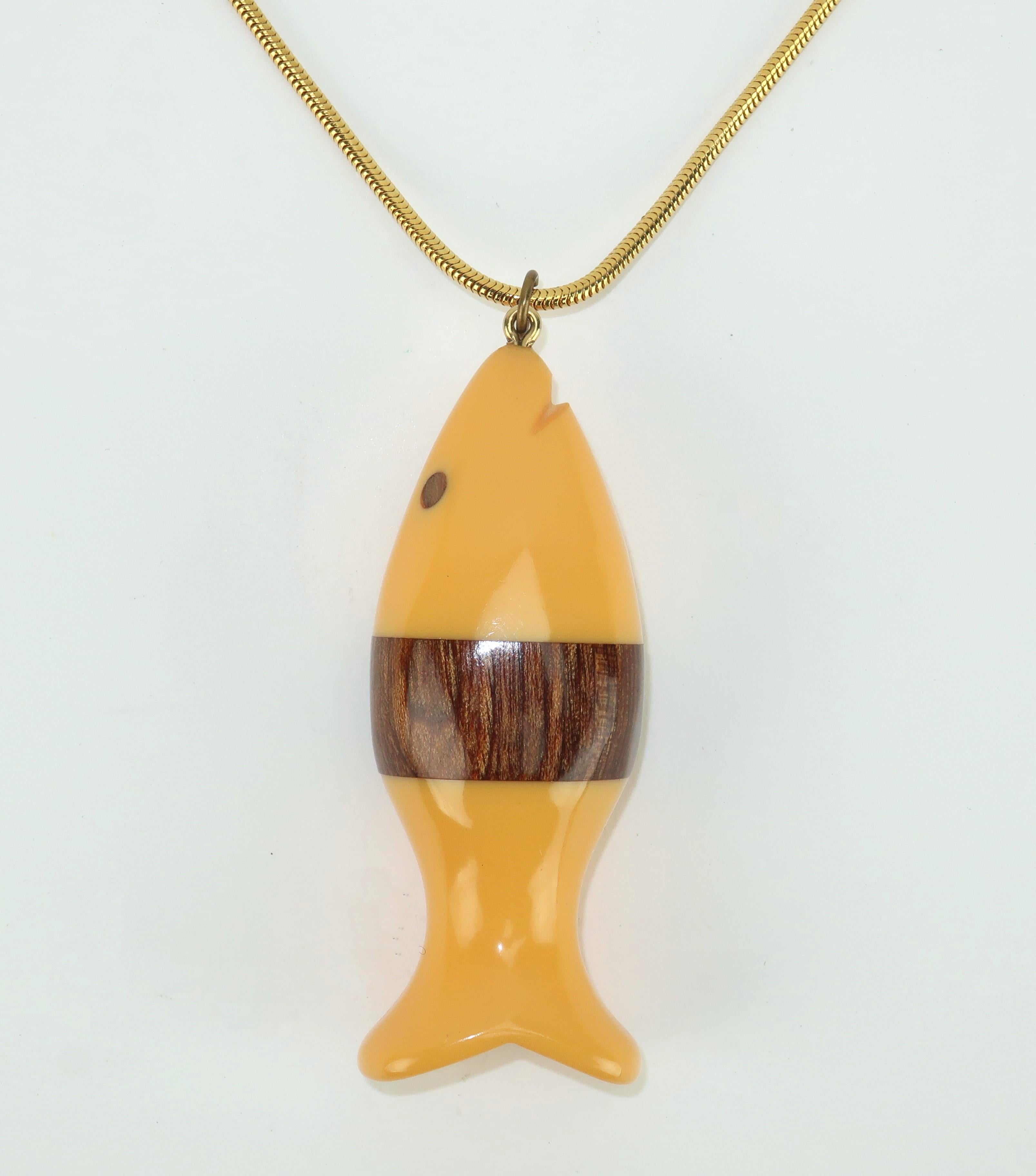 Women's Bakelite & Wood Fish Pendant Necklace, 1960's