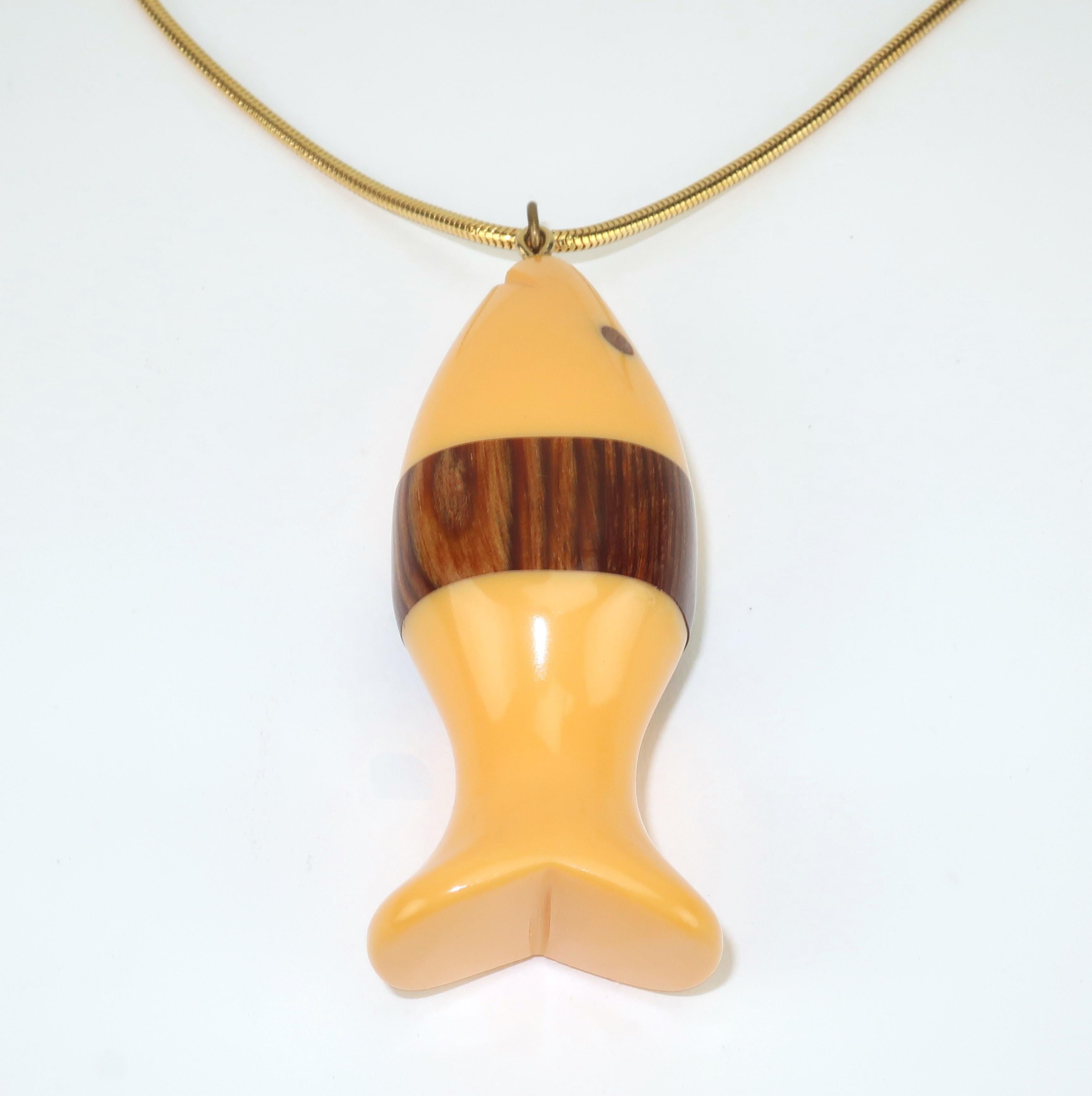 Bakelite & Wood Fish Pendant Necklace, 1960's 1