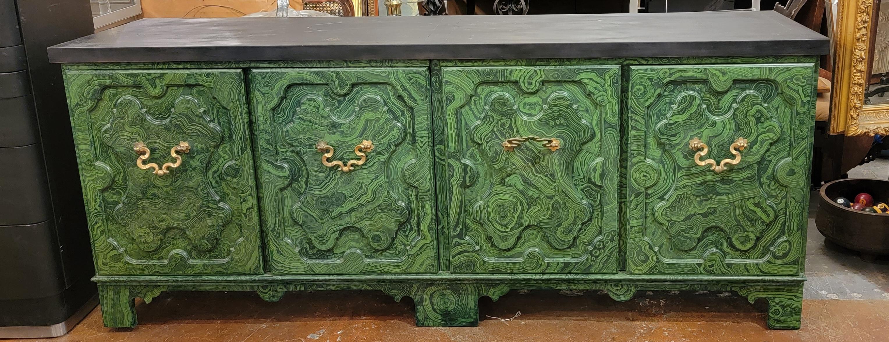 Mid-Century Modern Hand Painted Baker 4 Door Credenza With Ornate Brass Handles by Tony Duquette