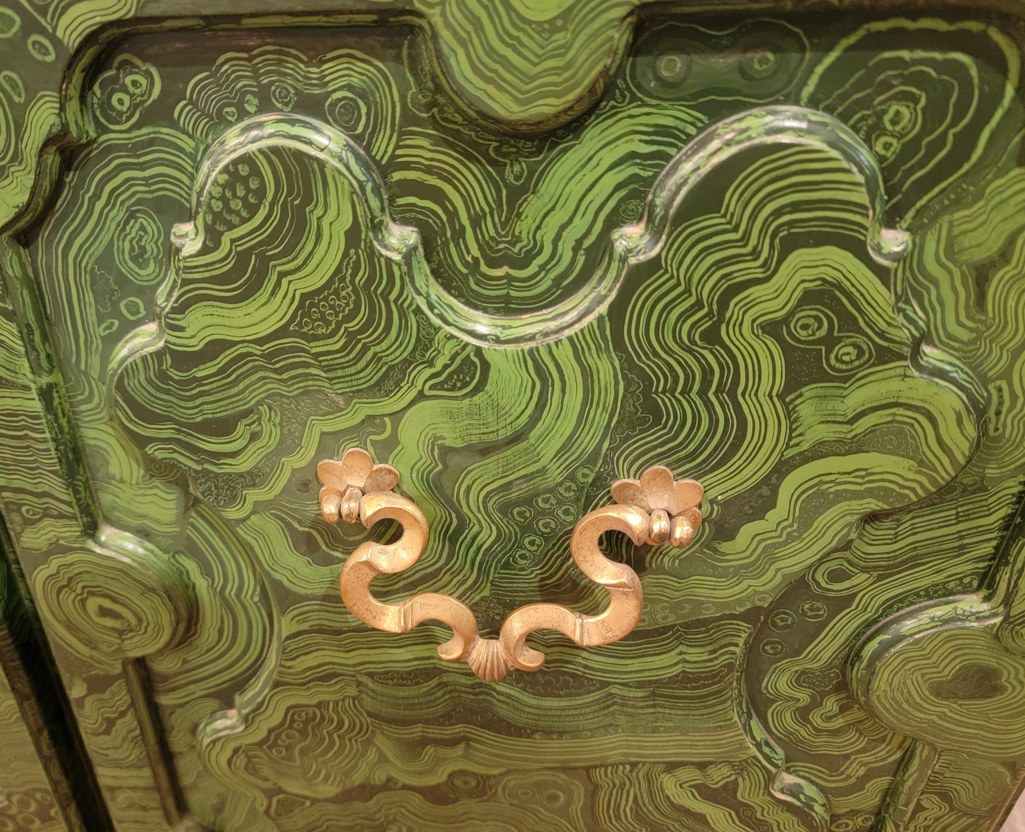 Hand Painted Baker 4 Door Credenza With Ornate Brass Handles by Tony Duquette In Good Condition For Sale In Pasadena, CA