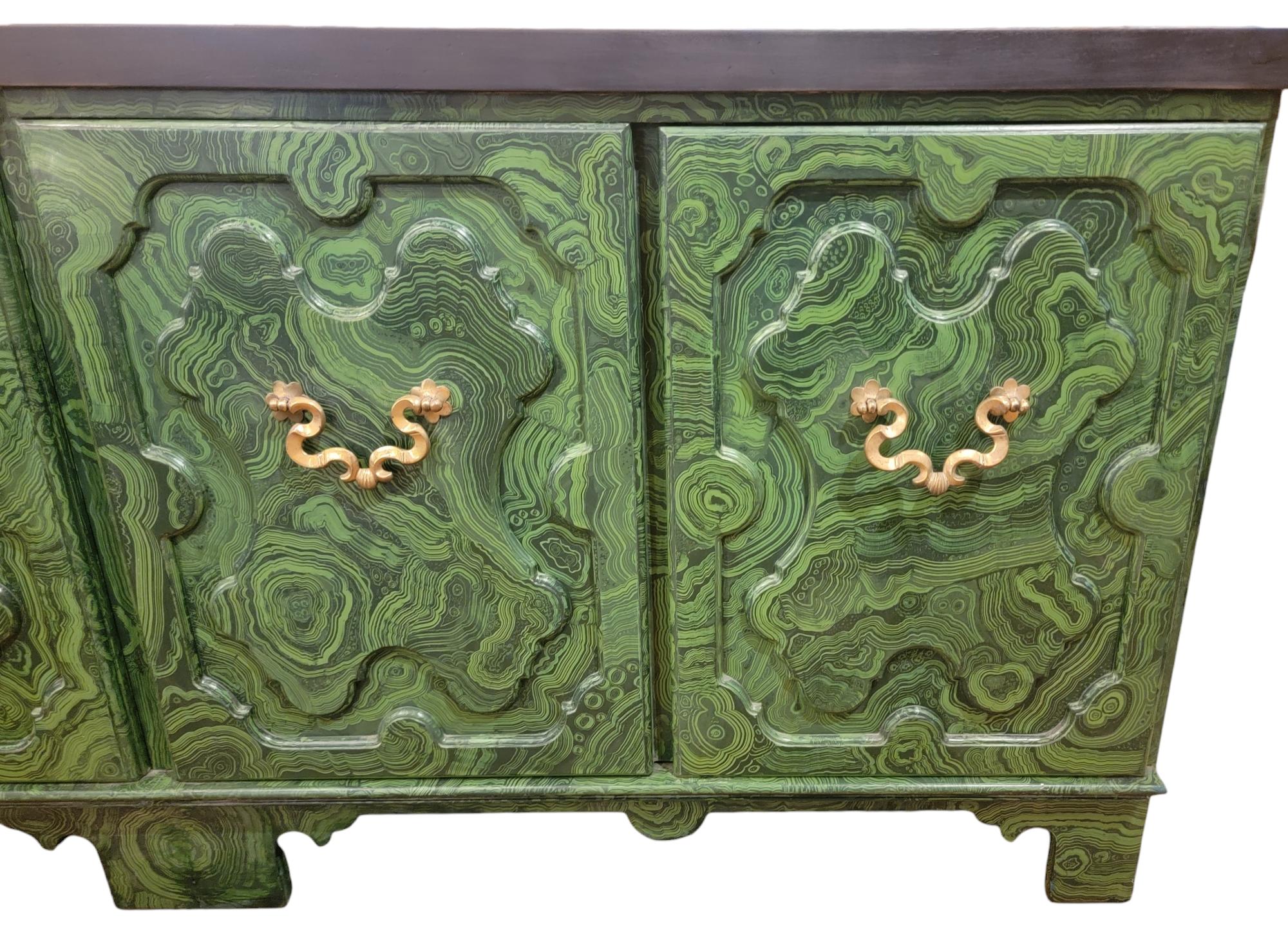 Late 20th Century Hand Painted Baker 4 Door Credenza With Ornate Brass Handles by Tony Duquette