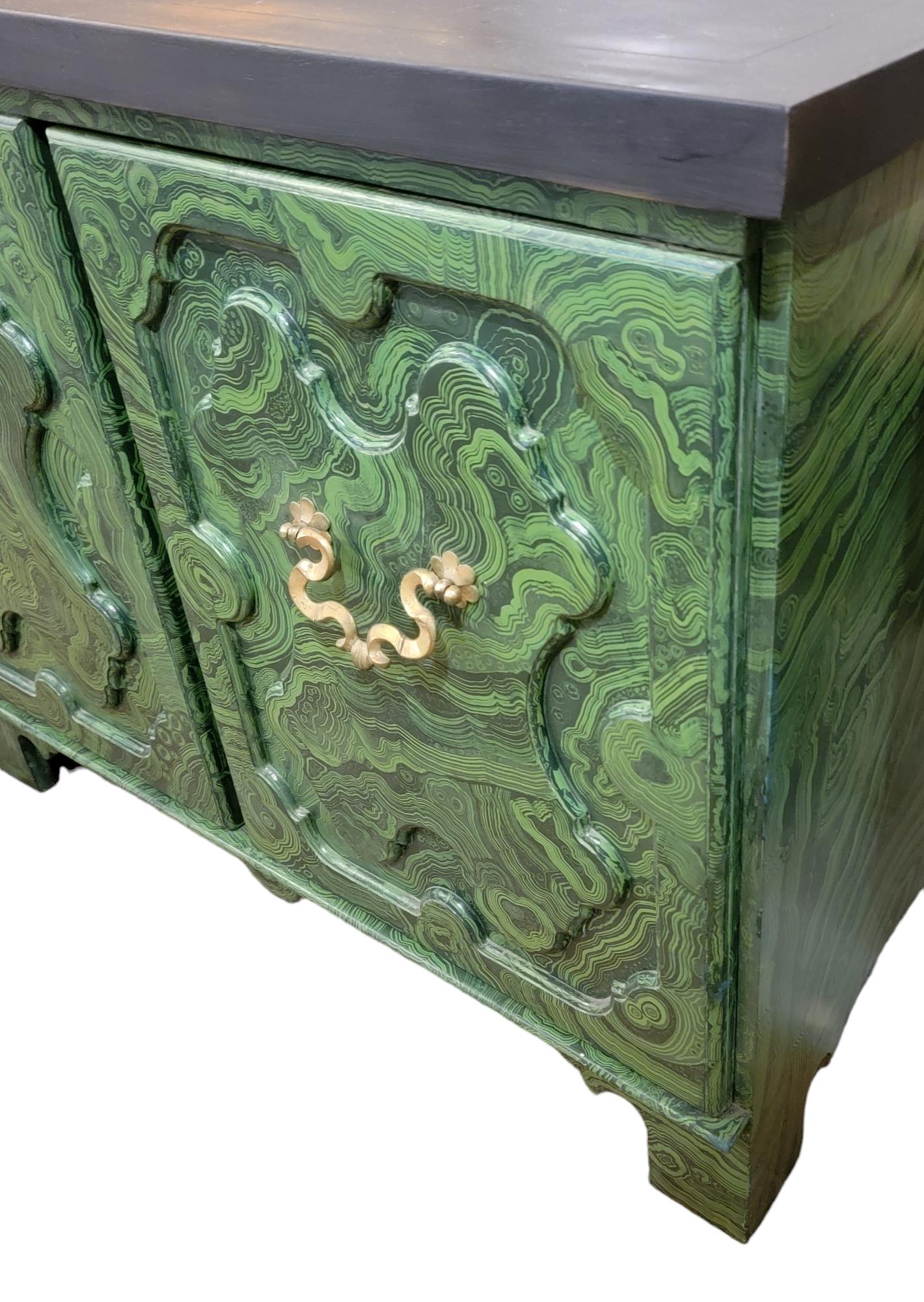 Hand Painted Baker 4 Door Credenza With Ornate Brass Handles by Tony Duquette For Sale 1
