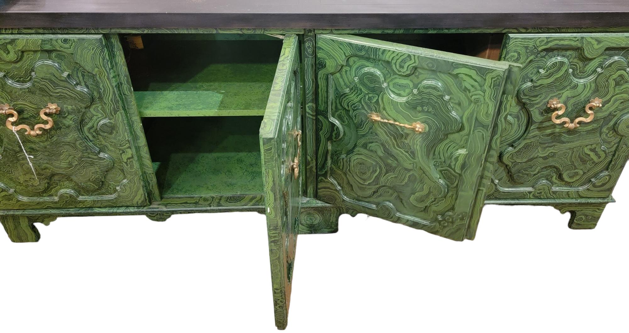 Hand Painted Baker 4 Door Credenza With Ornate Brass Handles by Tony Duquette 2