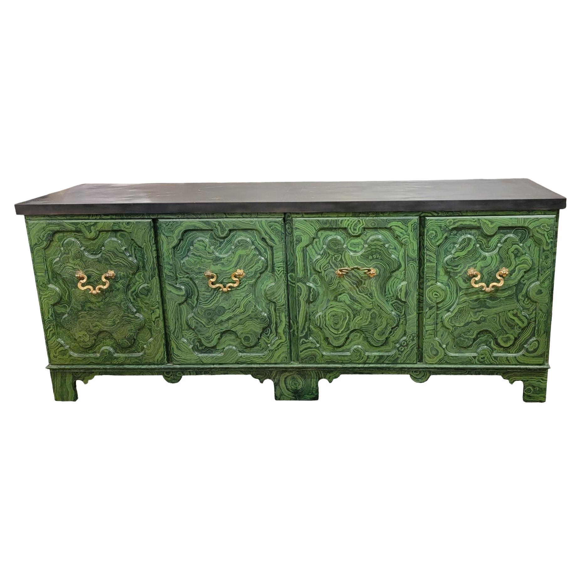 Hand Painted Baker 4 Door Credenza With Ornate Brass Handles by Tony Duquette