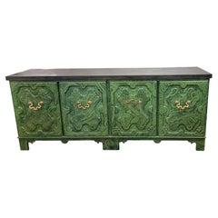 Retro Hand Painted Baker 4 Door Credenza With Ornate Brass Handles by Tony Duquette