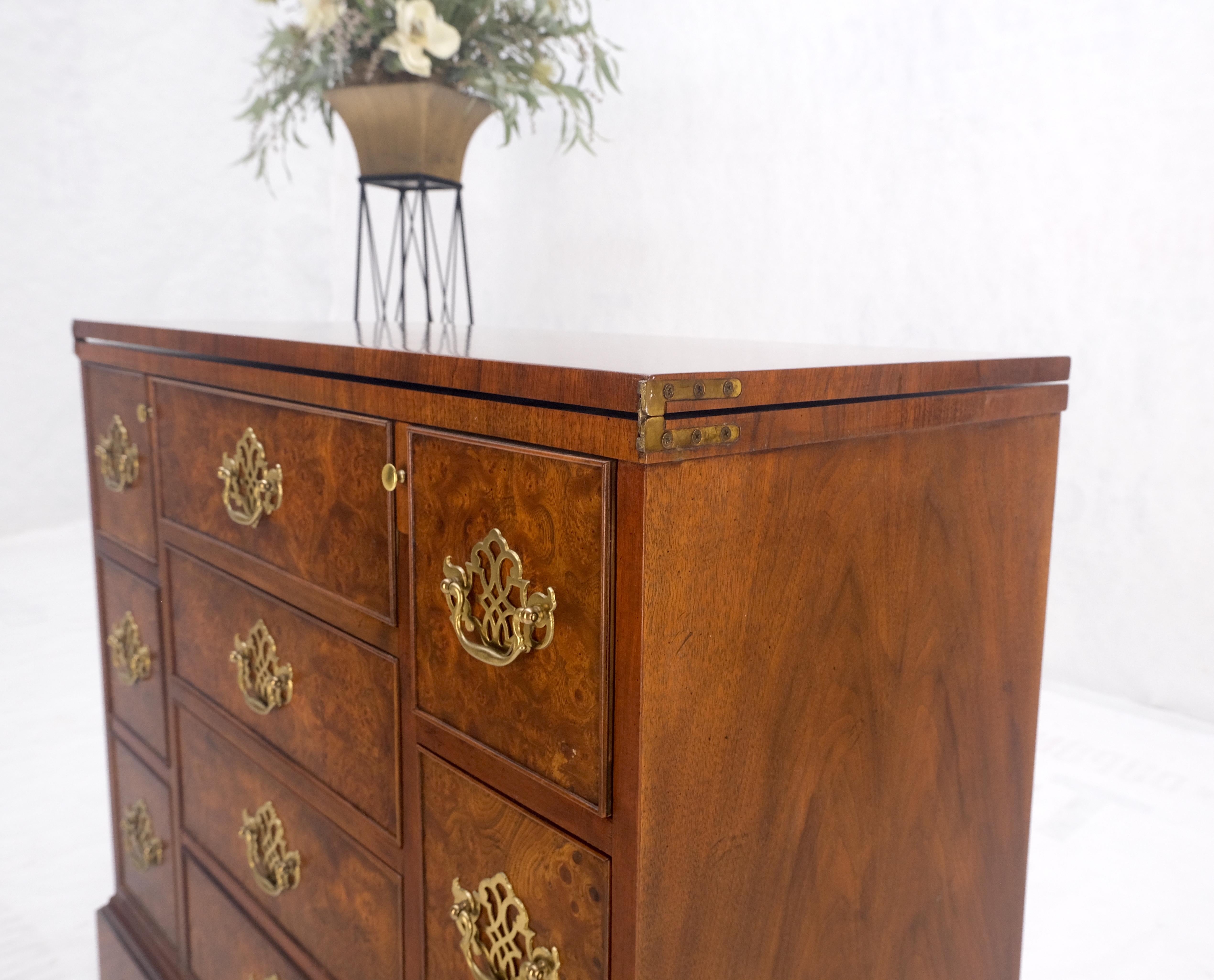 Walnut Baker 8 Drawer Burl Wood Bachelor Chest Dresser Flip Secretary Top Desk MINT! For Sale