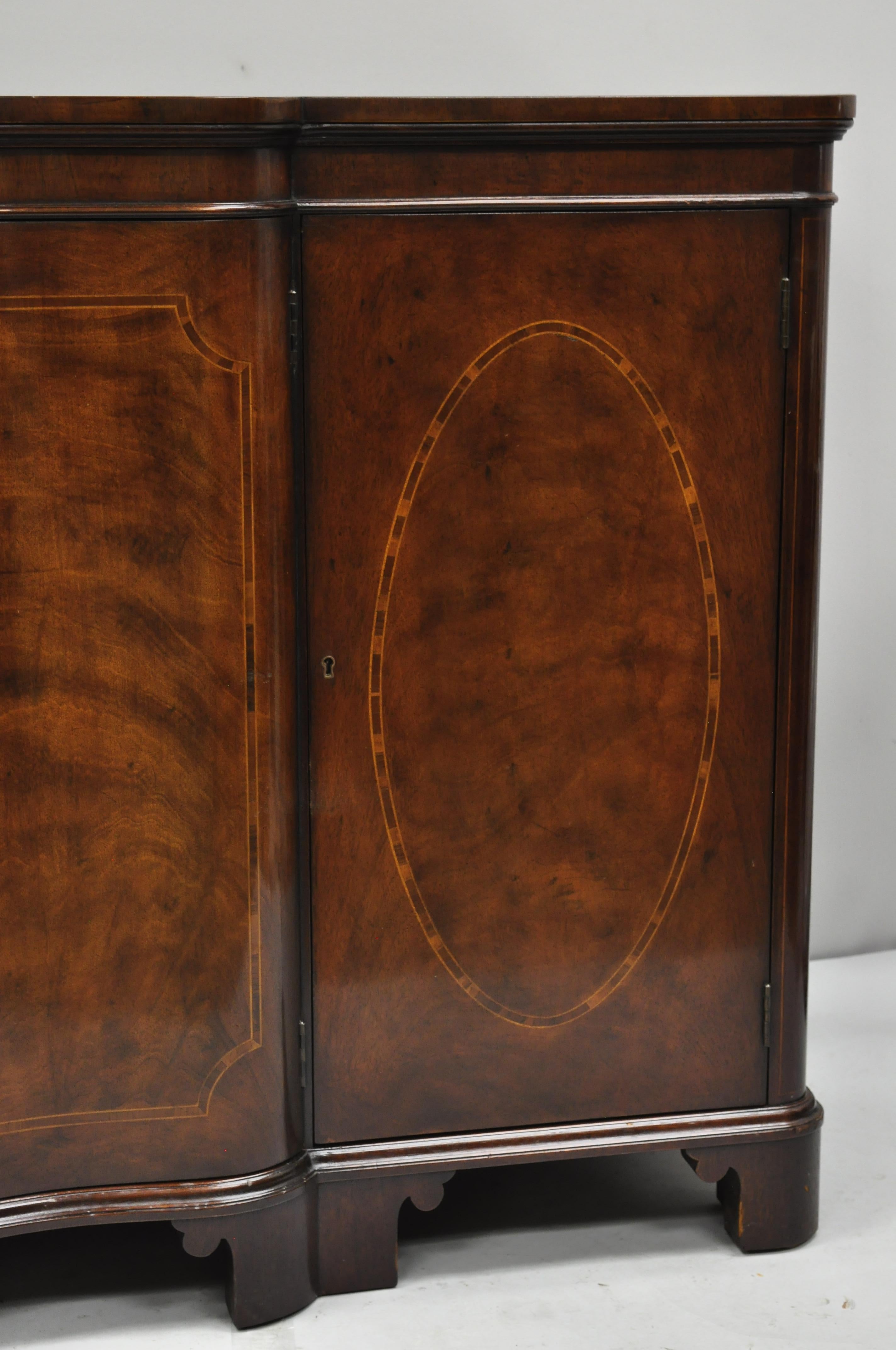 Baker Antique Flame Mahogany Inlaid Serpentine Sideboard Buffet Credenza Cabinet In Good Condition In Philadelphia, PA