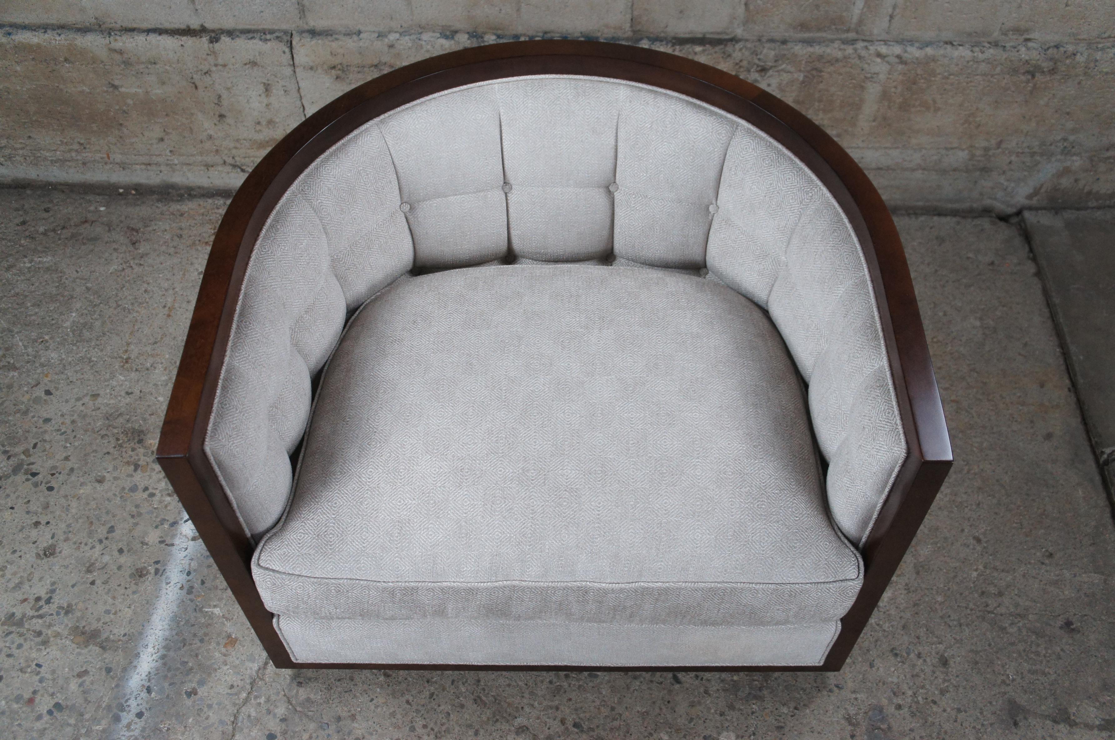 20th Century Baker Archetype Round Tufted Club Chair Barrel Back Tub Maple Swivel Seat Modern