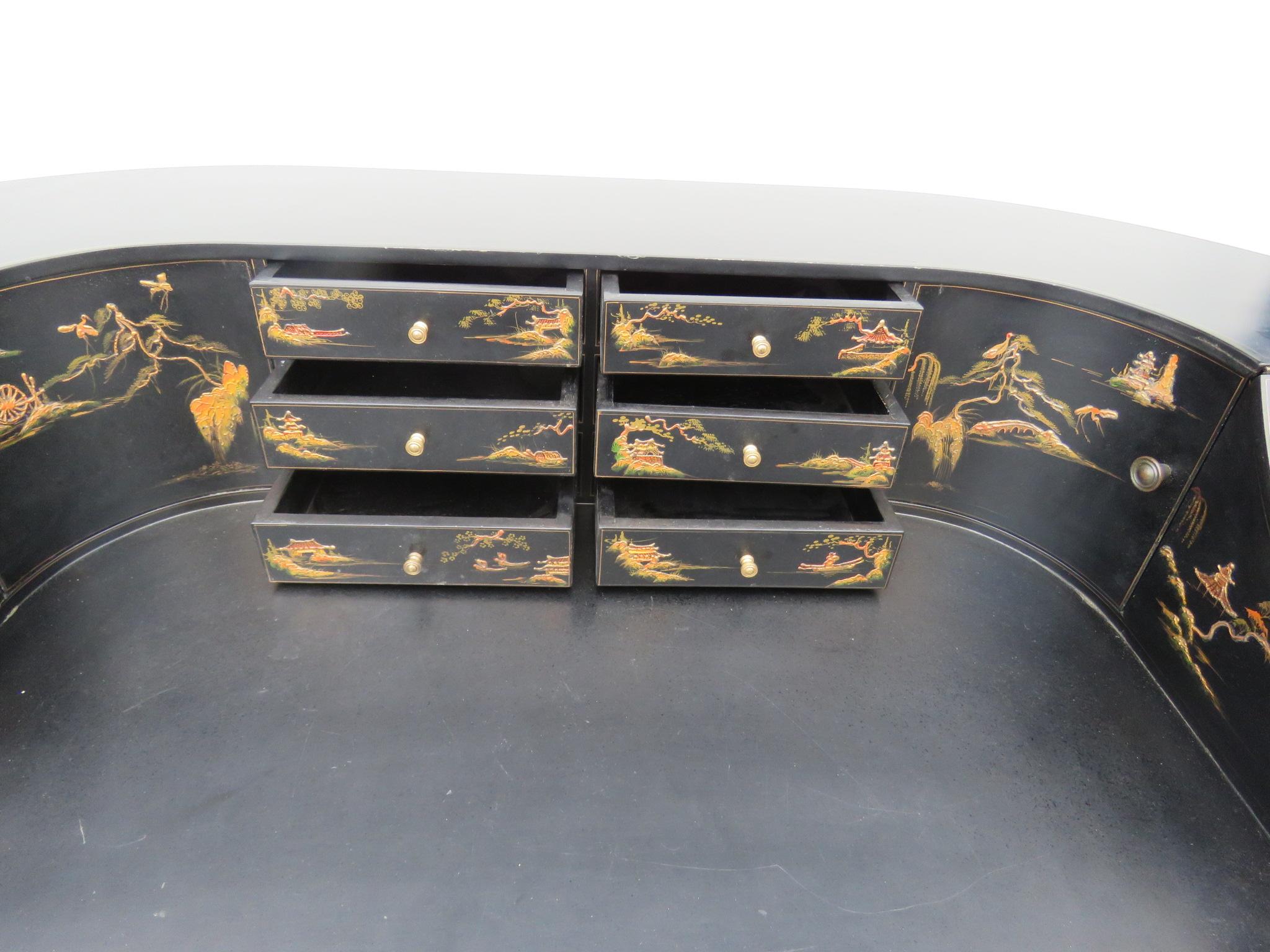 American Baker Black Chinoiserie Paint Decorated Carlton House Writing Table Desk