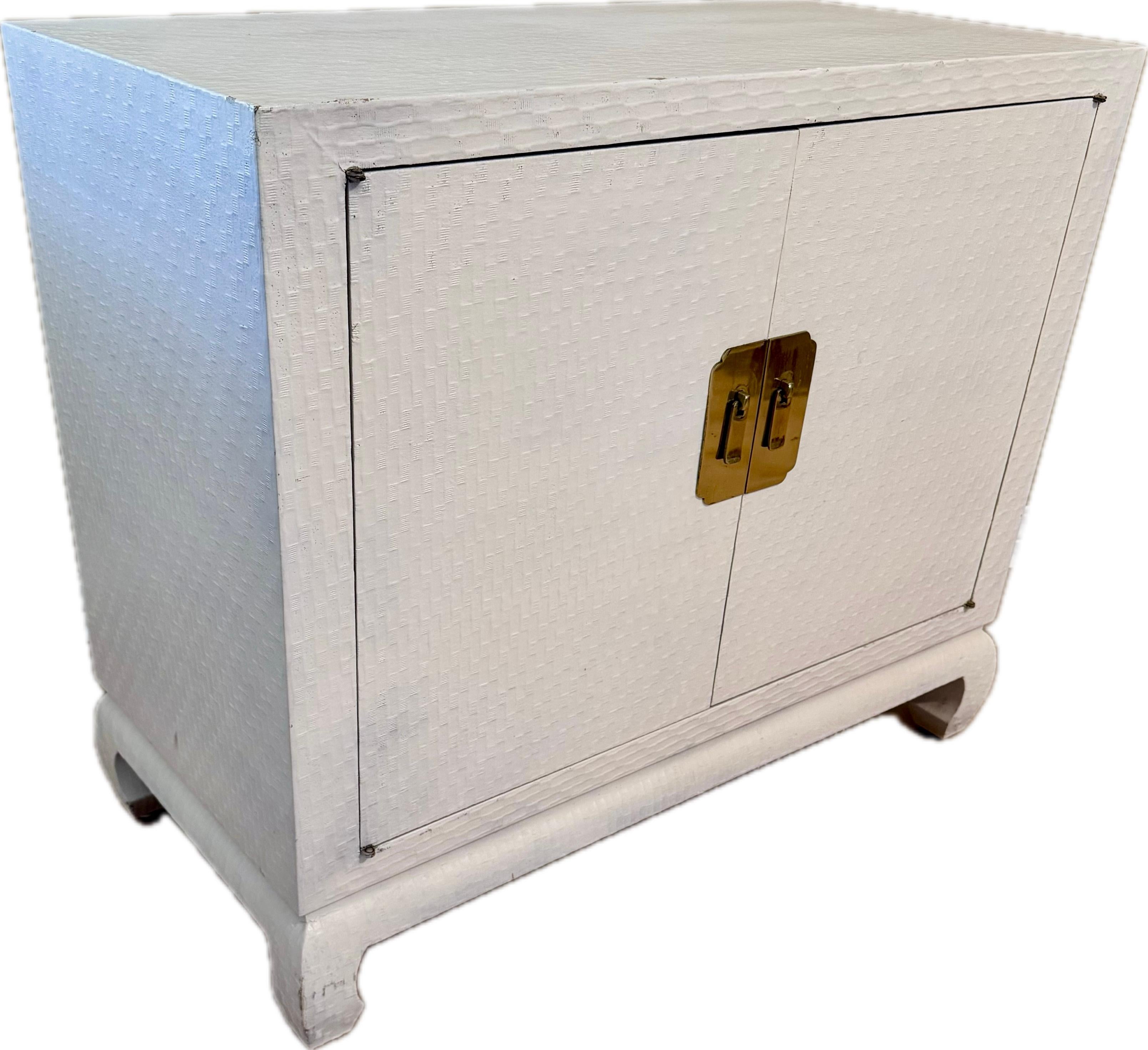American Baker Asian Modern Mid Century Grass Cloth Cream Lacquer Raffia Cabinet For Sale