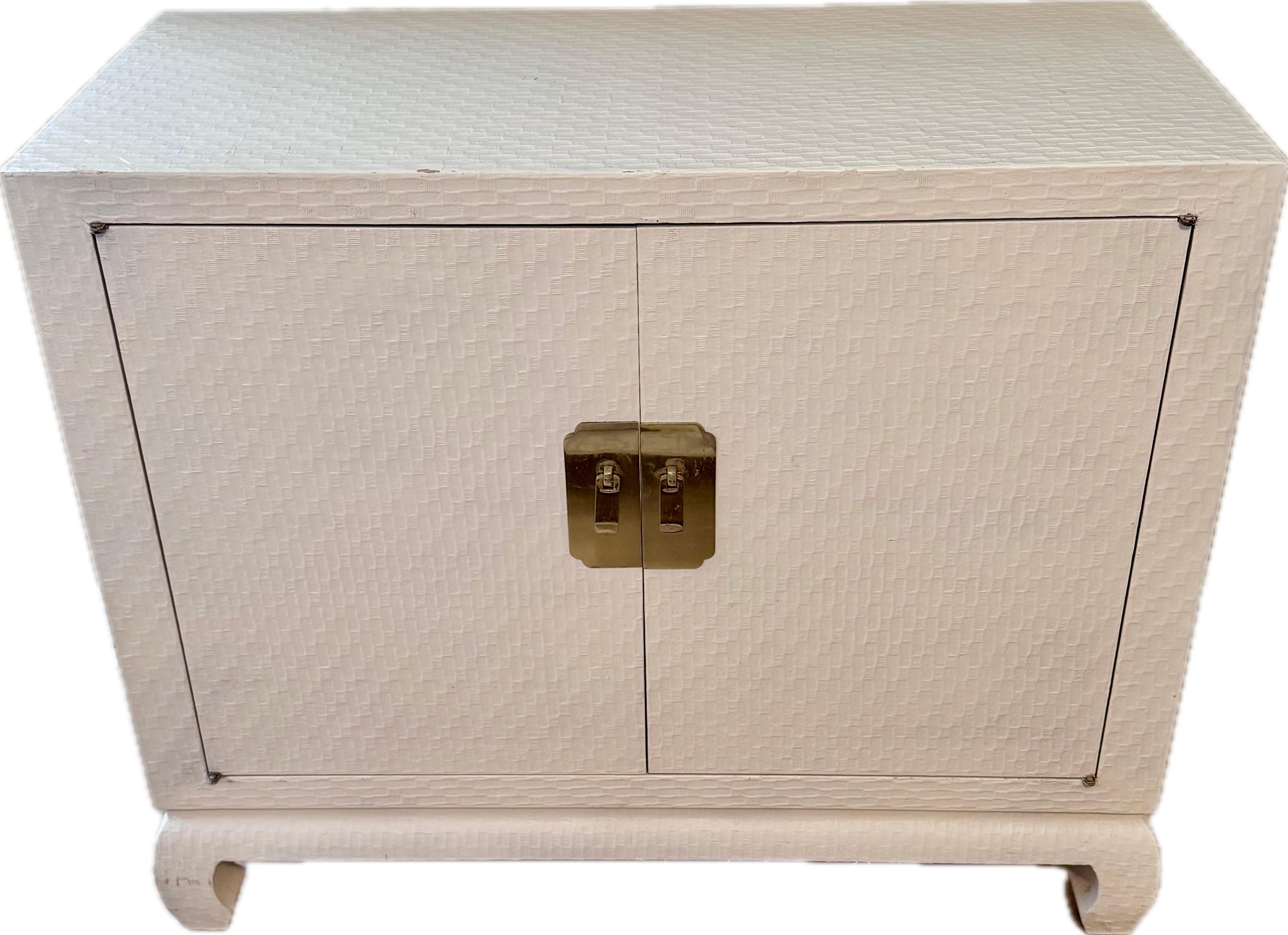 20th Century Baker Asian Modern Mid Century Grass Cloth Cream Lacquer Raffia Cabinet For Sale