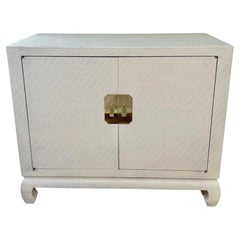 Baker Asian Modern Mid Century Grass Cloth Cream Lacquer Raffia Cabinet