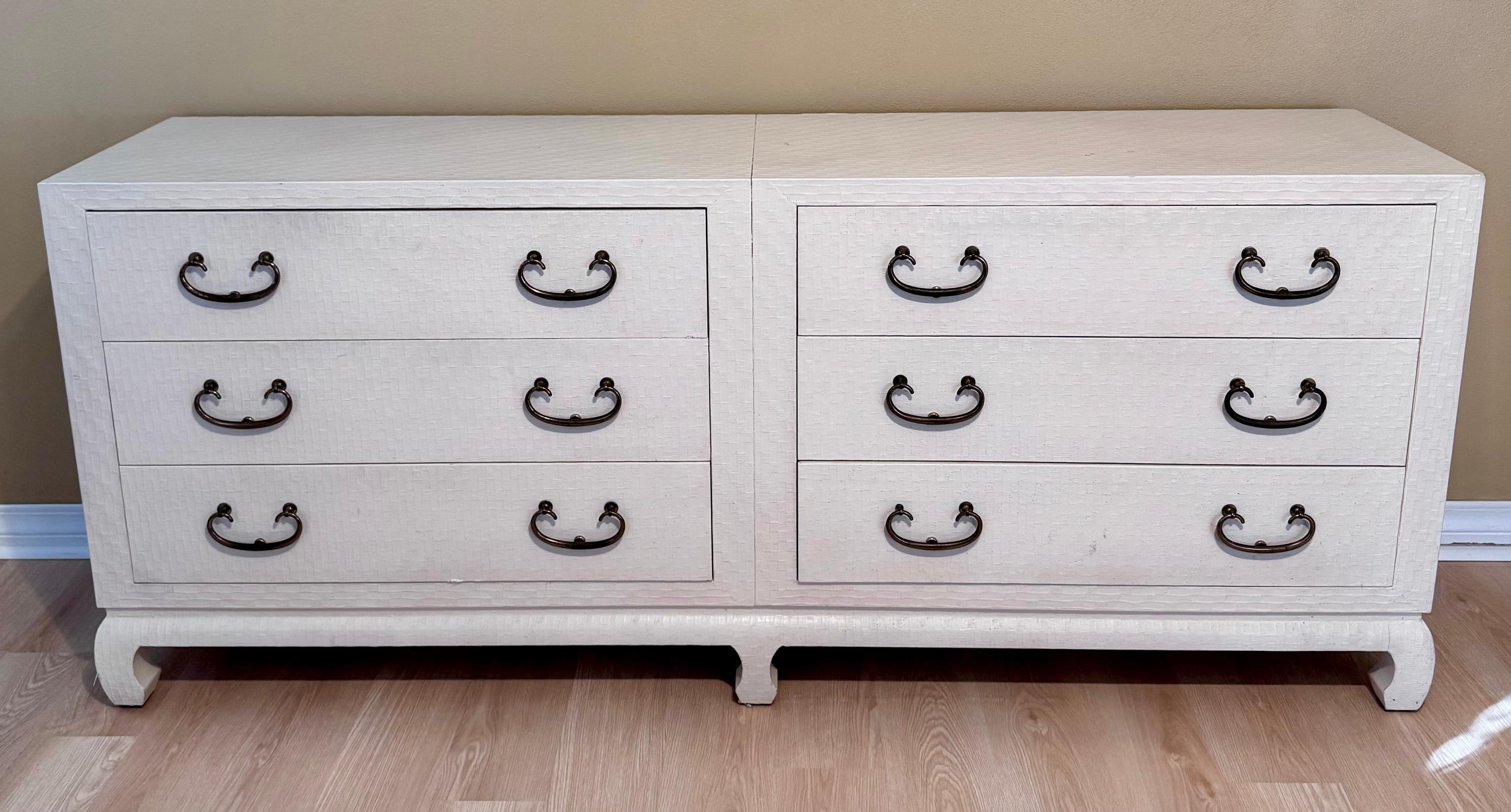 Baker Asian Modern Mid Century Grass Cloth Cream Lacquer Raffia Commode For Sale 3