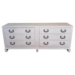 Baker Asian Modern Mid Century Grass Cloth Cream Lacquer Raffia Commode