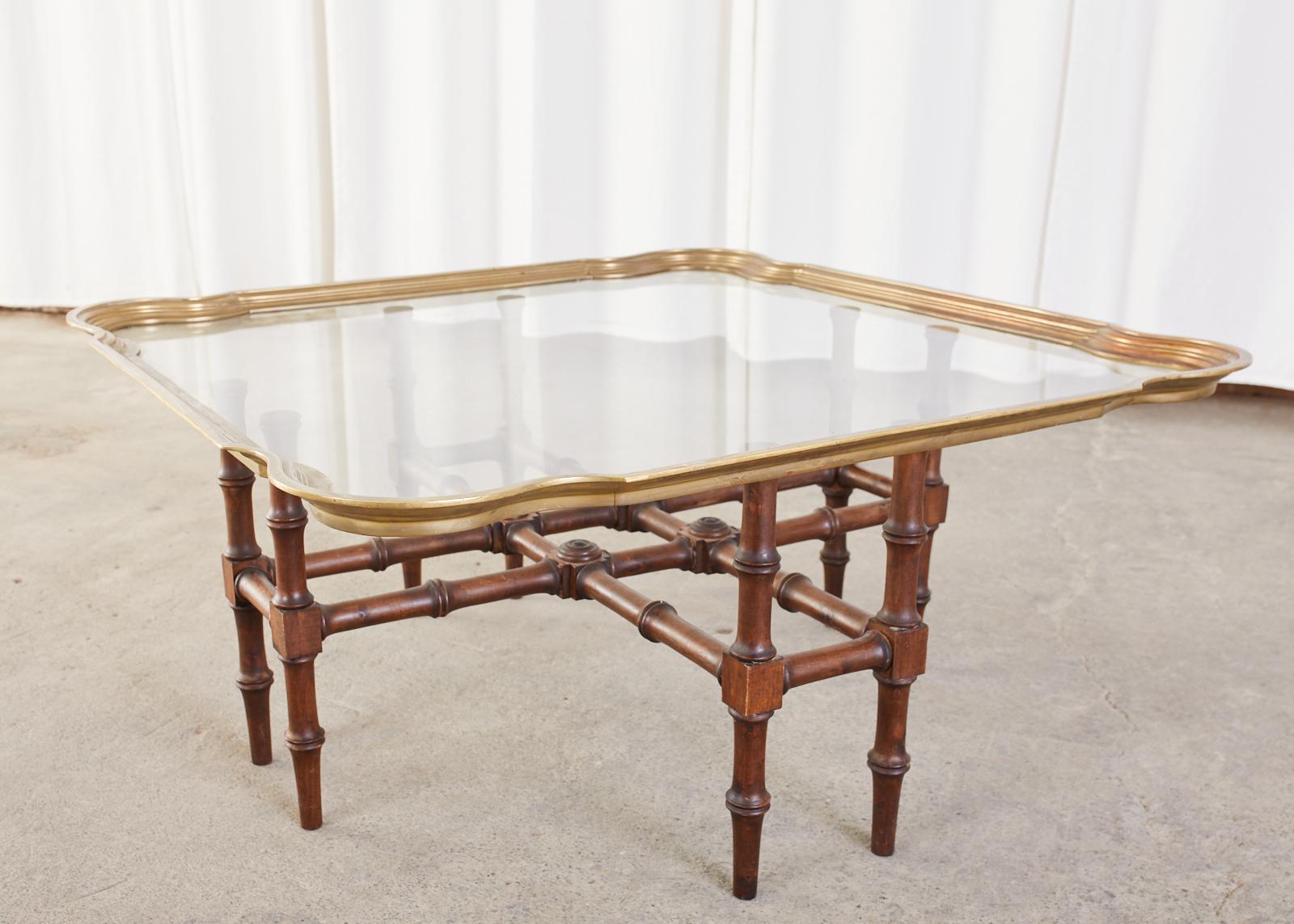 Hand-Crafted Baker Attributed Faux Bamboo Brass Tray Cocktail Table