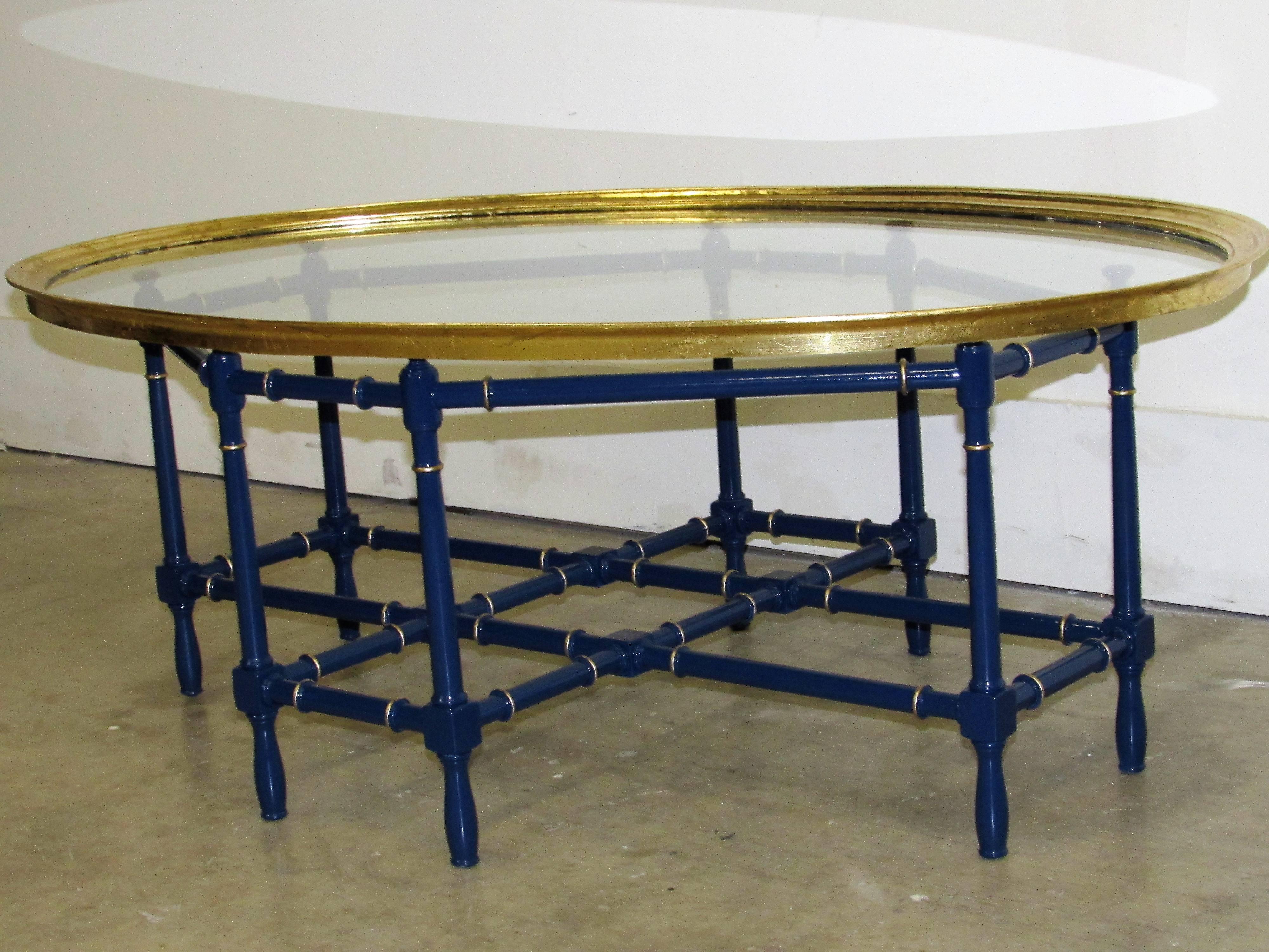 Gilt Baker Bamboo and Gilded Oval Glass Tray Cocktail Table