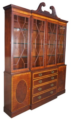 Baker Banded Mahogany English Chippendale Style Breakfront China Display Cabinet