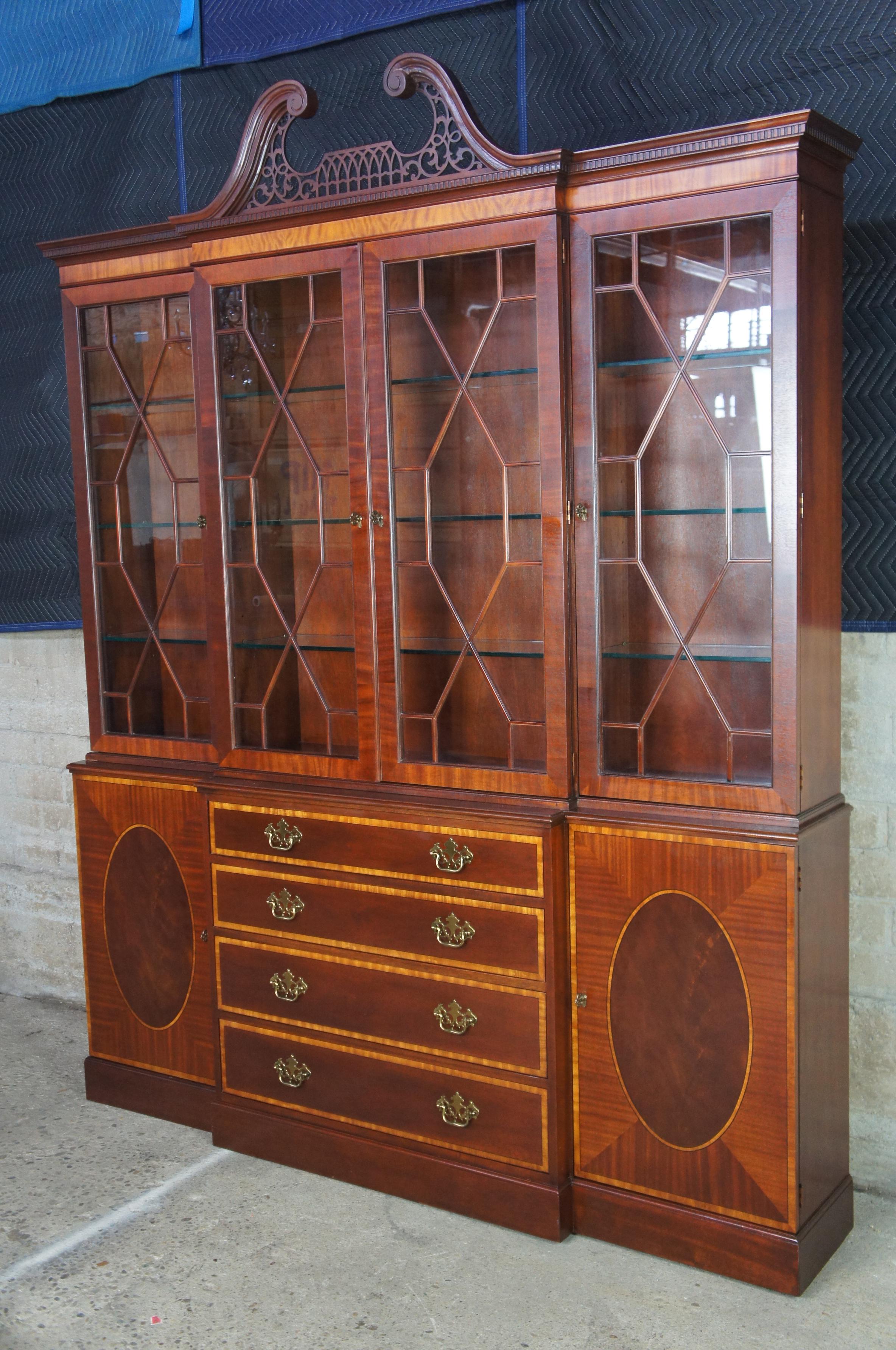 Glass Baker Banded Mahogany English Chippendale Style Breakfront China Display Cabinet