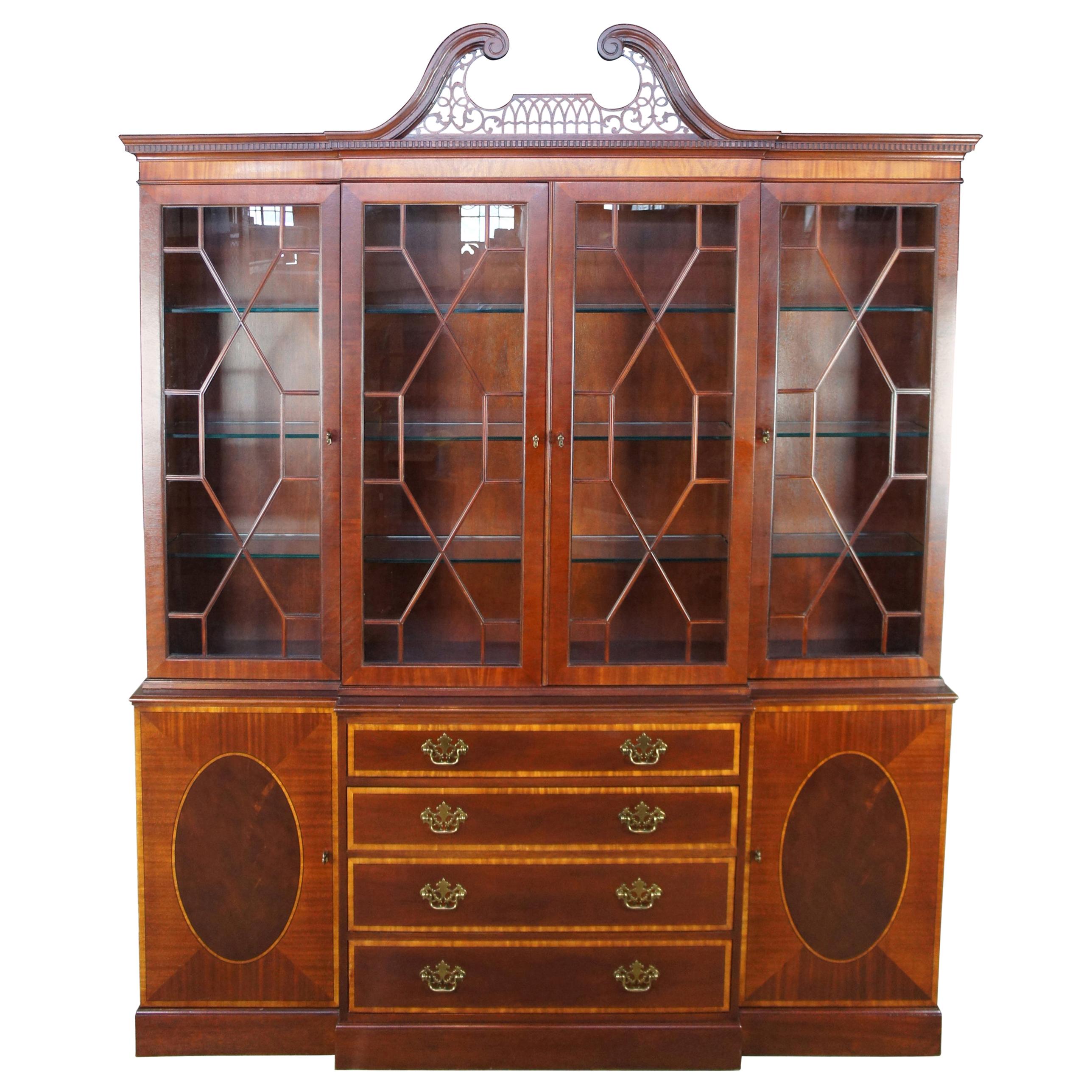 Baker Banded Mahogany English Chippendale Style Breakfront China Display Cabinet