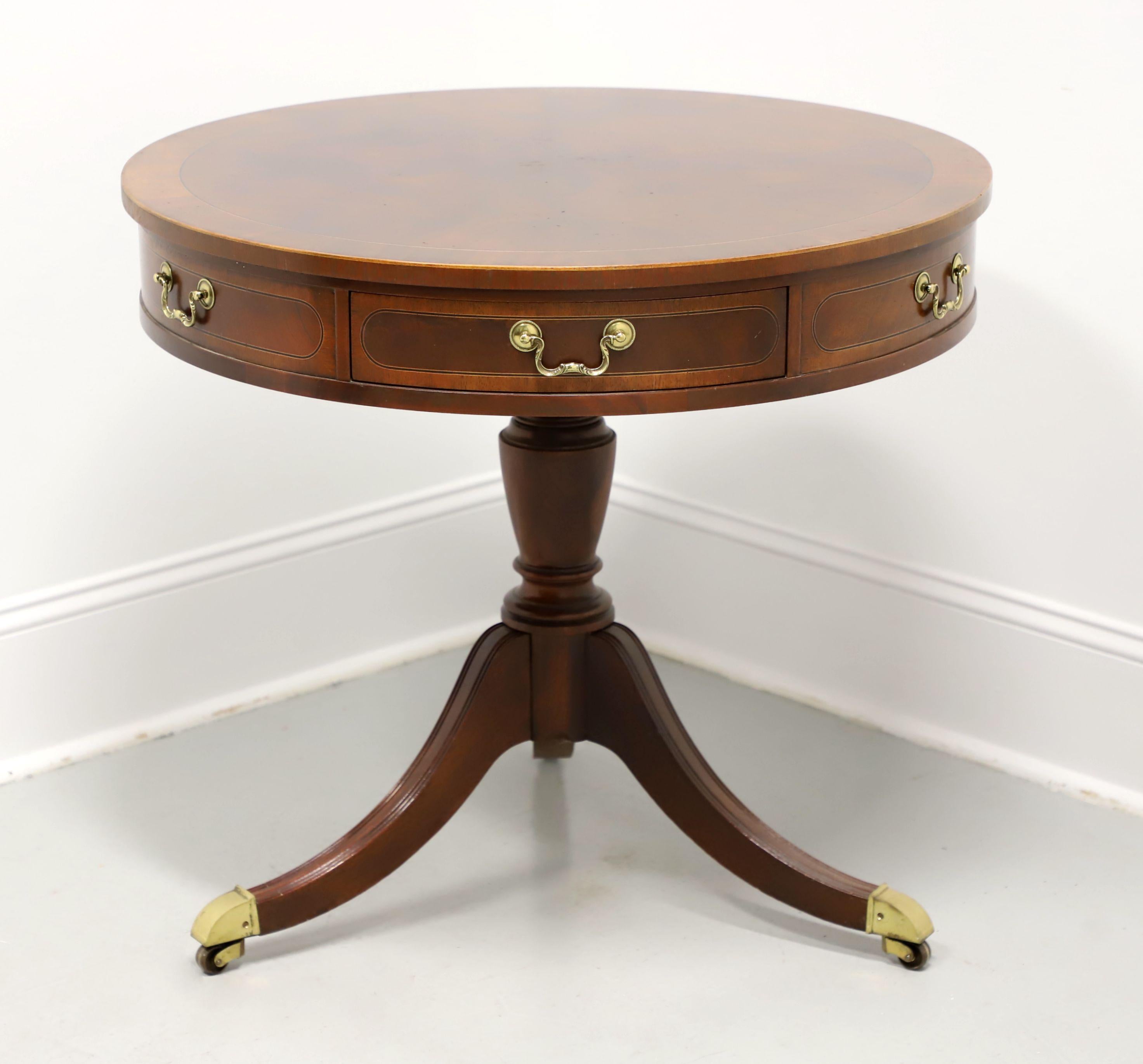American BAKER Banded Mahogany Federal Style Two-Drawer Pedestal Drum Table For Sale
