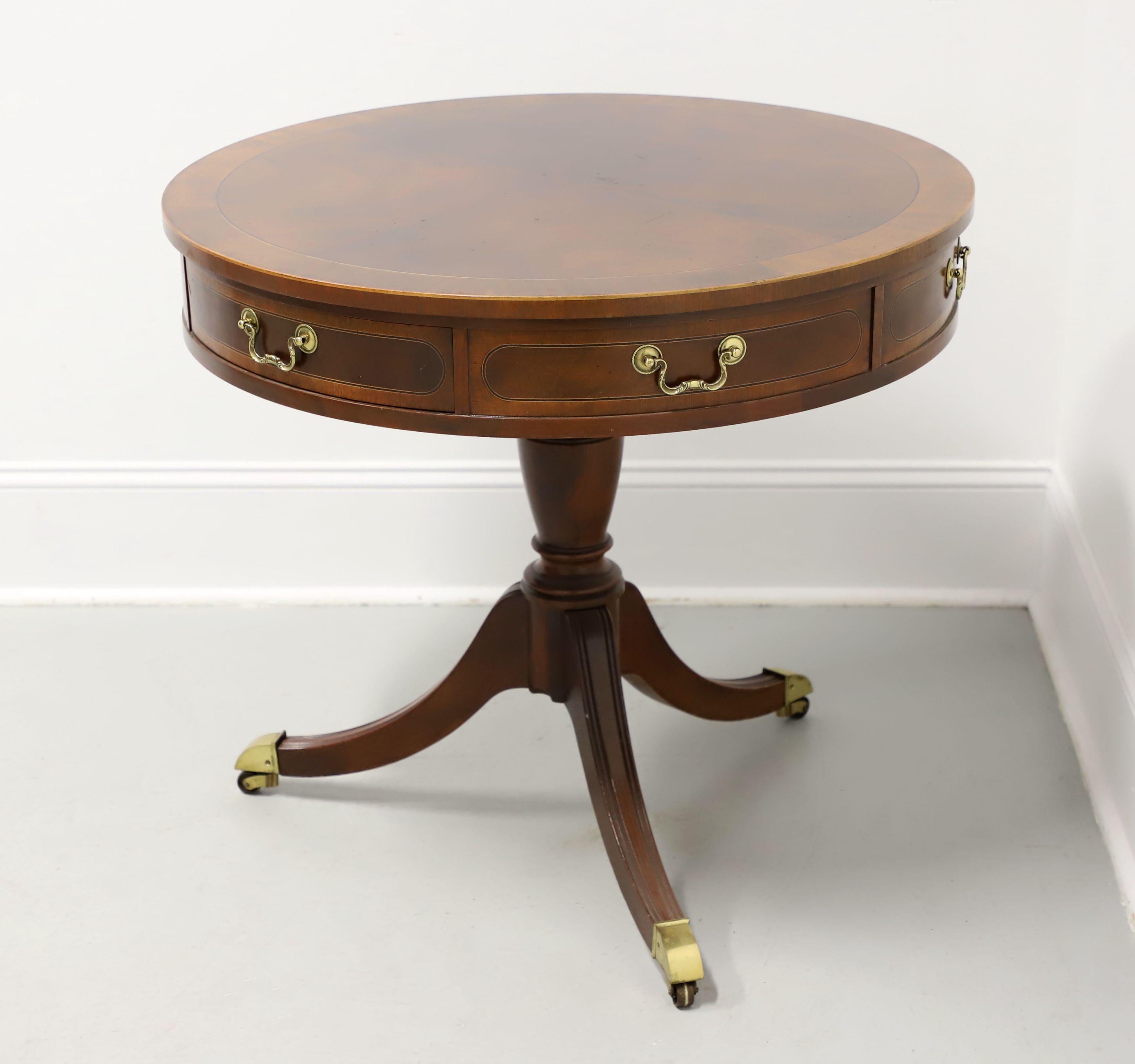 BAKER Banded Mahogany Federal Style Two-Drawer Pedestal Drum Table In Good Condition For Sale In Charlotte, NC