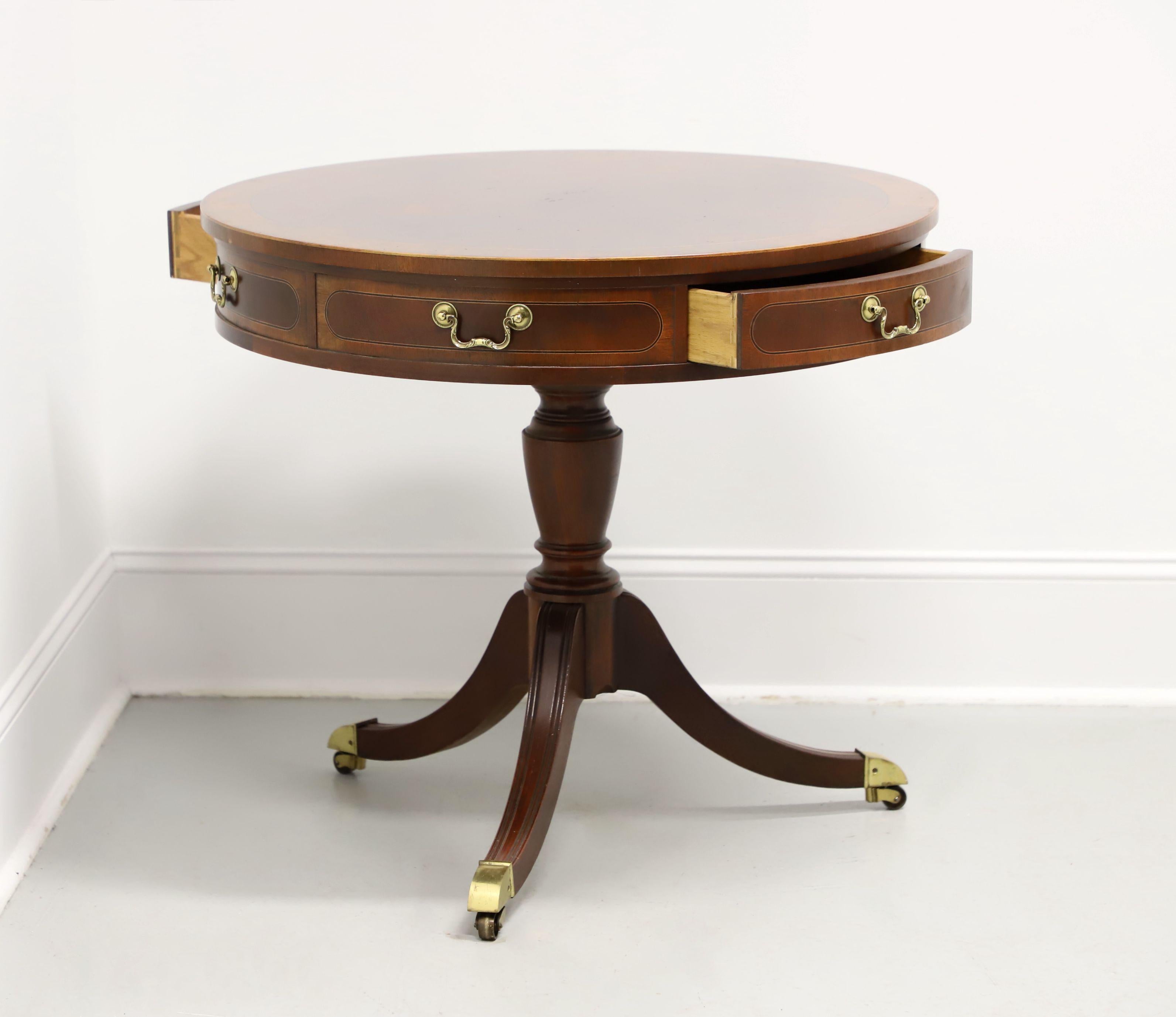20th Century BAKER Banded Mahogany Federal Style Two-Drawer Pedestal Drum Table For Sale