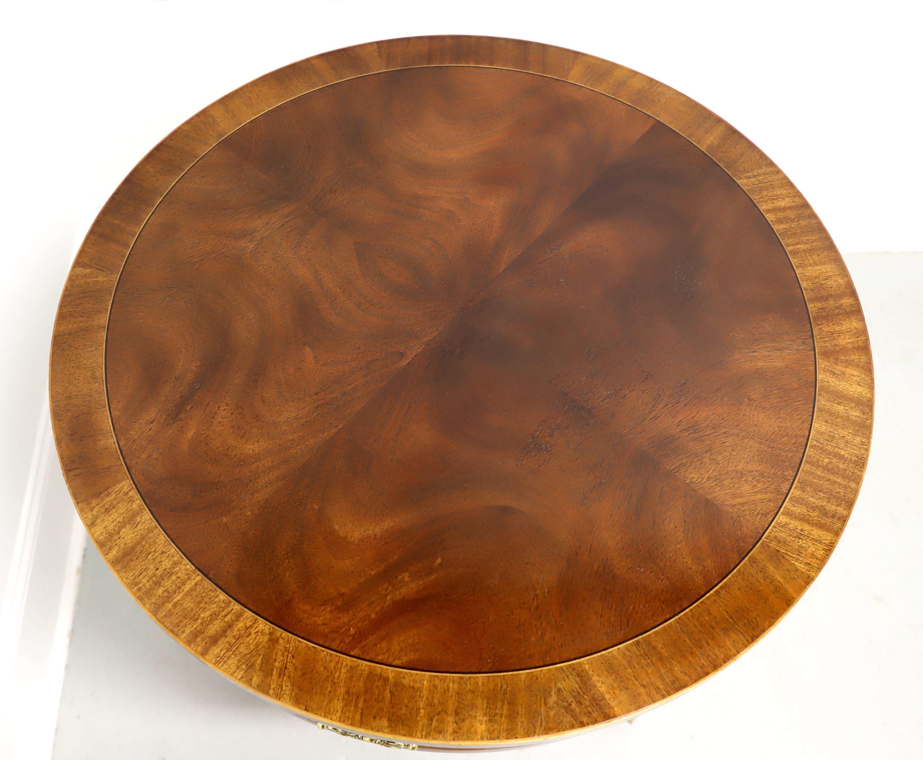 Brass BAKER Banded Mahogany Federal Style Two-Drawer Pedestal Drum Table For Sale