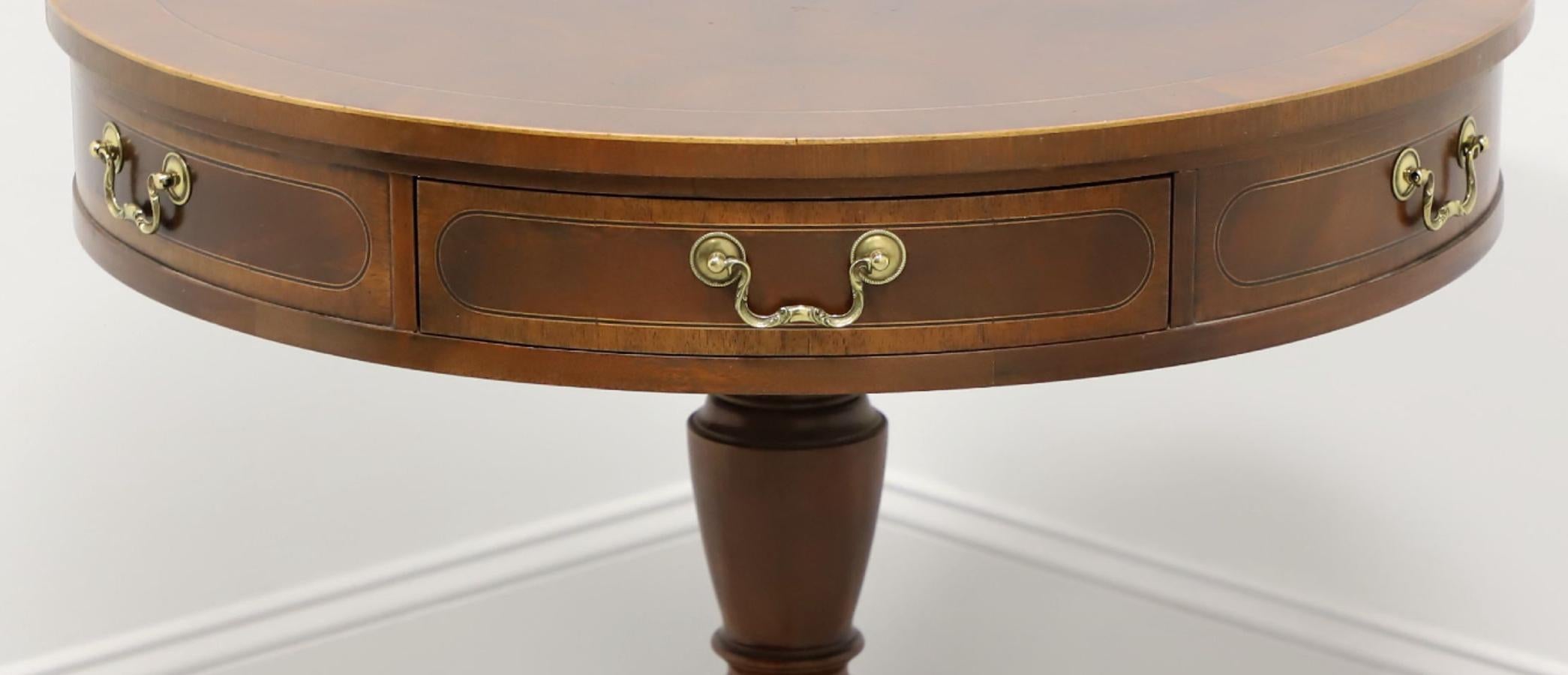 BAKER Banded Mahogany Federal Style Two-Drawer Pedestal Drum Table For Sale 1