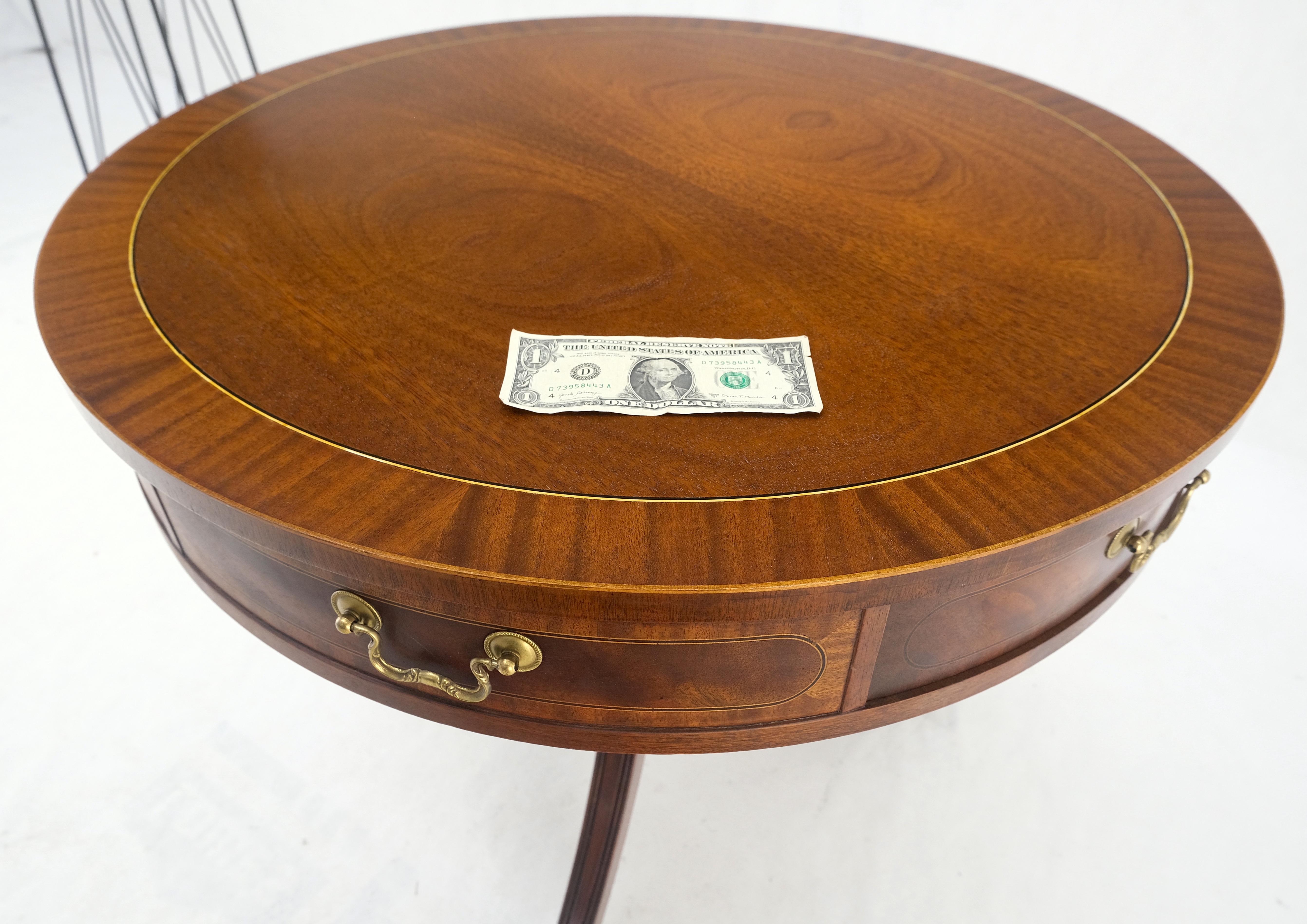 Lacquered Baker Banded Mahogany Two Drawers Round Drum Gueridon Center Table Pencil Inlay For Sale