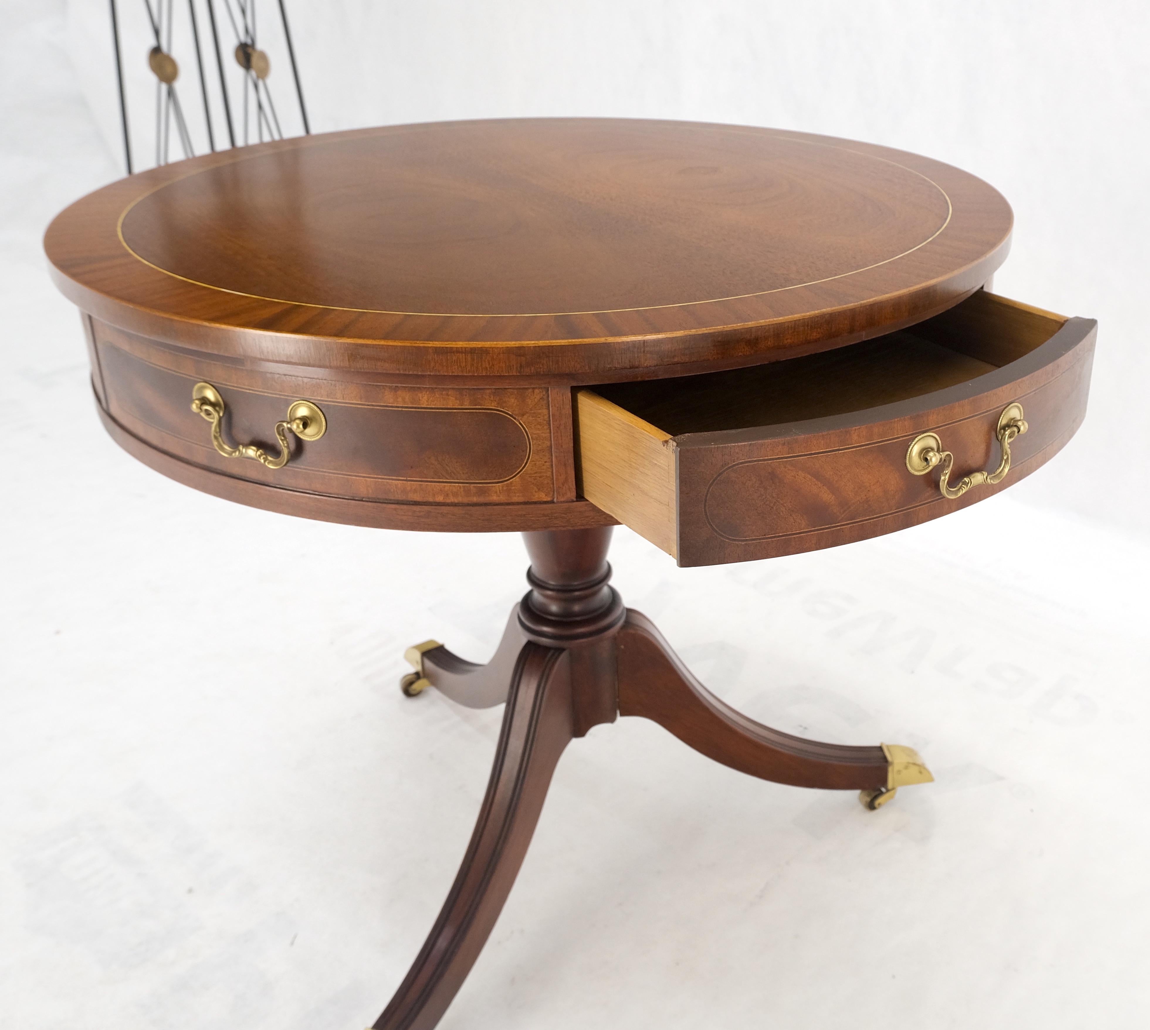 20th Century Baker Banded Mahogany Two Drawers Round Drum Gueridon Center Table Pencil Inlay For Sale